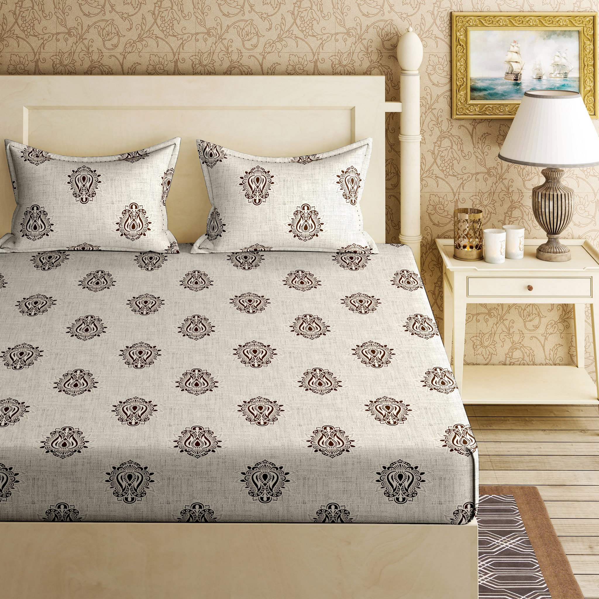 

Bella Casa Cotton Printed King Size Bedsheet 144 TC ( 1 Bedsheet With 2 Pillow Covers Grey )