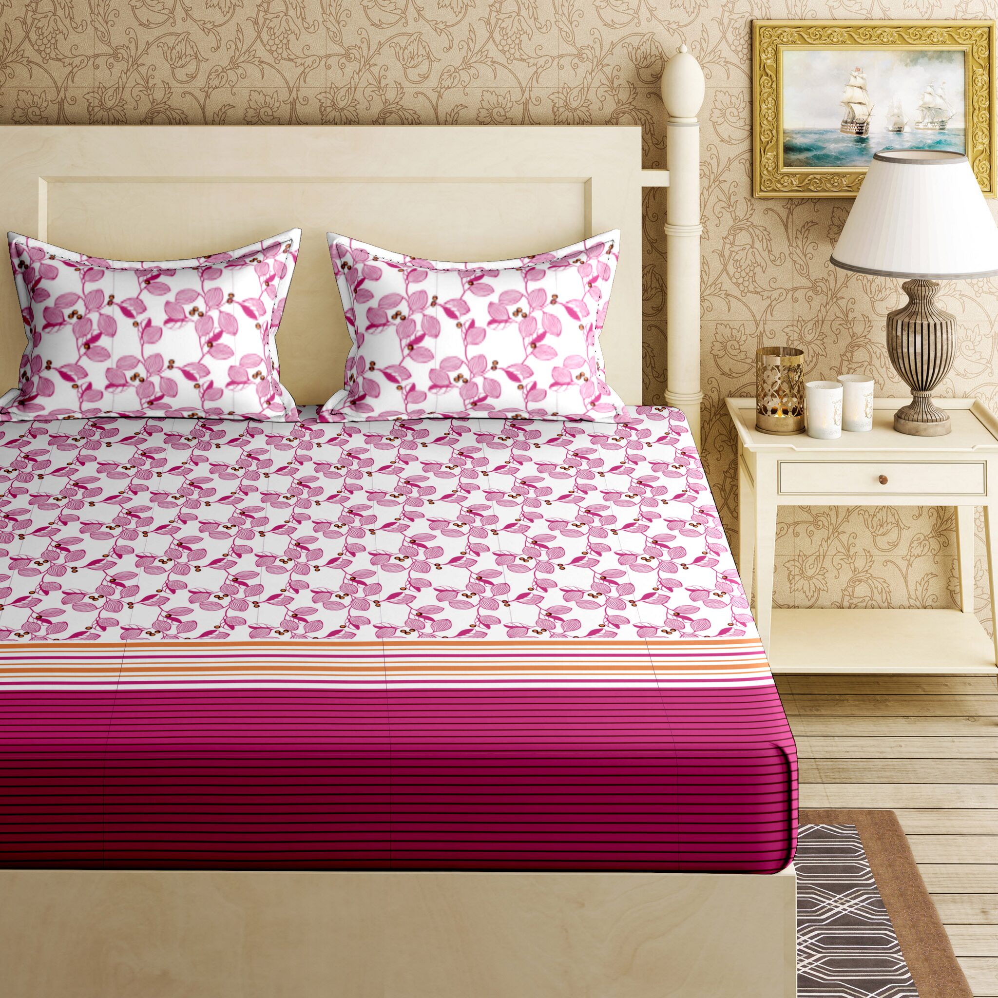 

Bella Casa Cotton Printed King Size Bedsheet 144 TC ( 1 Bedsheet With 2 Pillow Covers Pink )