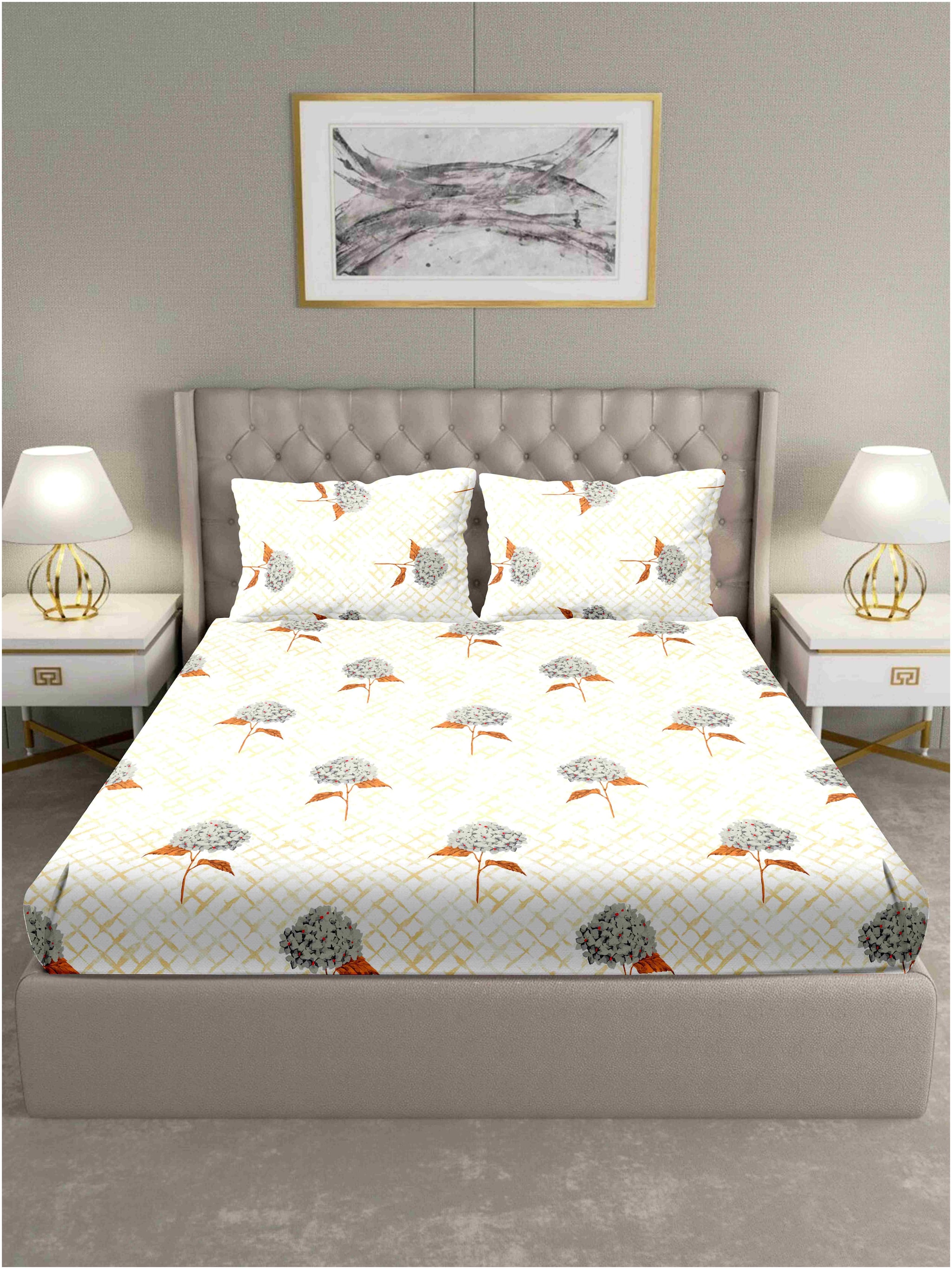 

Bella Casa Cotton Floral King Size Bedsheet 180 TC ( 1 Bedsheet With 2 Pillow Covers Grey )