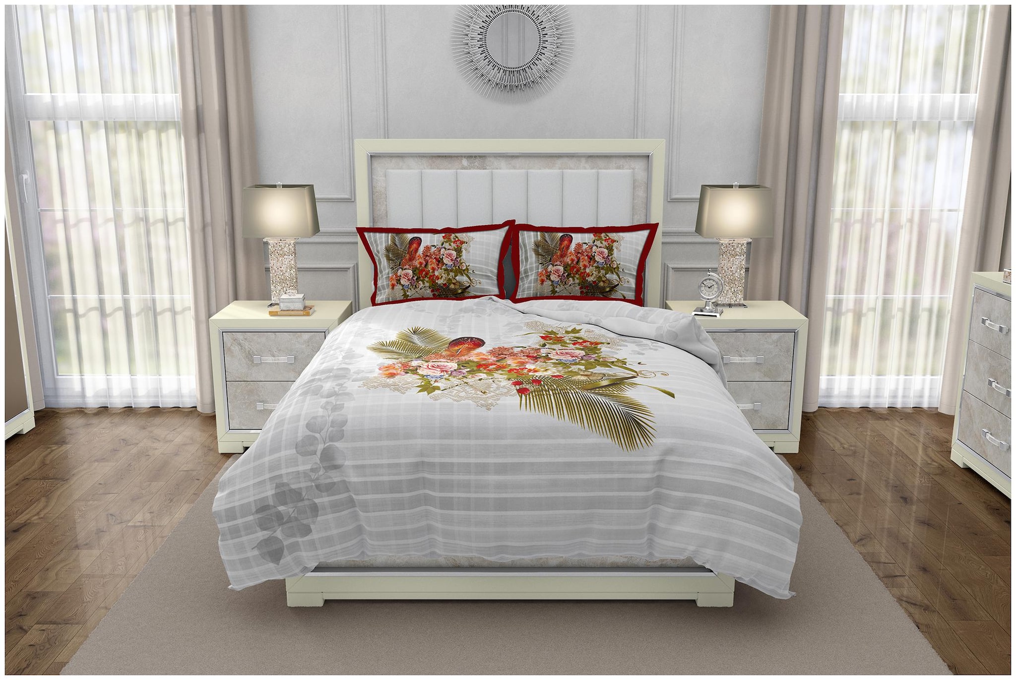 

Bella Casa Cotton Floral King Size Bedsheet 350 TC ( 1 Bedsheet With 2 Pillow Covers Grey )