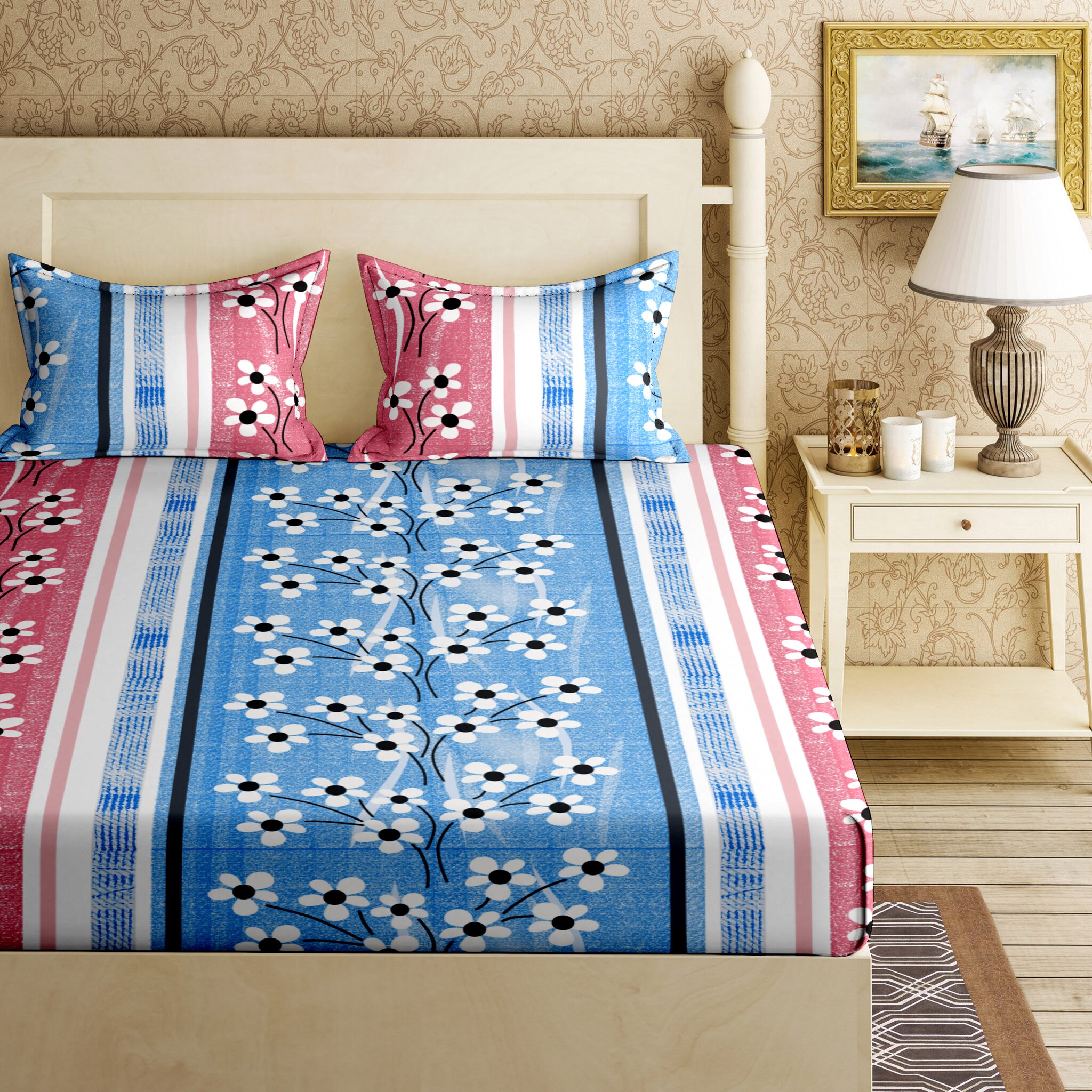 

Bella Casa Cotton Printed King Size Bedsheet 144 TC ( 1 Bedsheet With 2 Pillow Covers Blue )