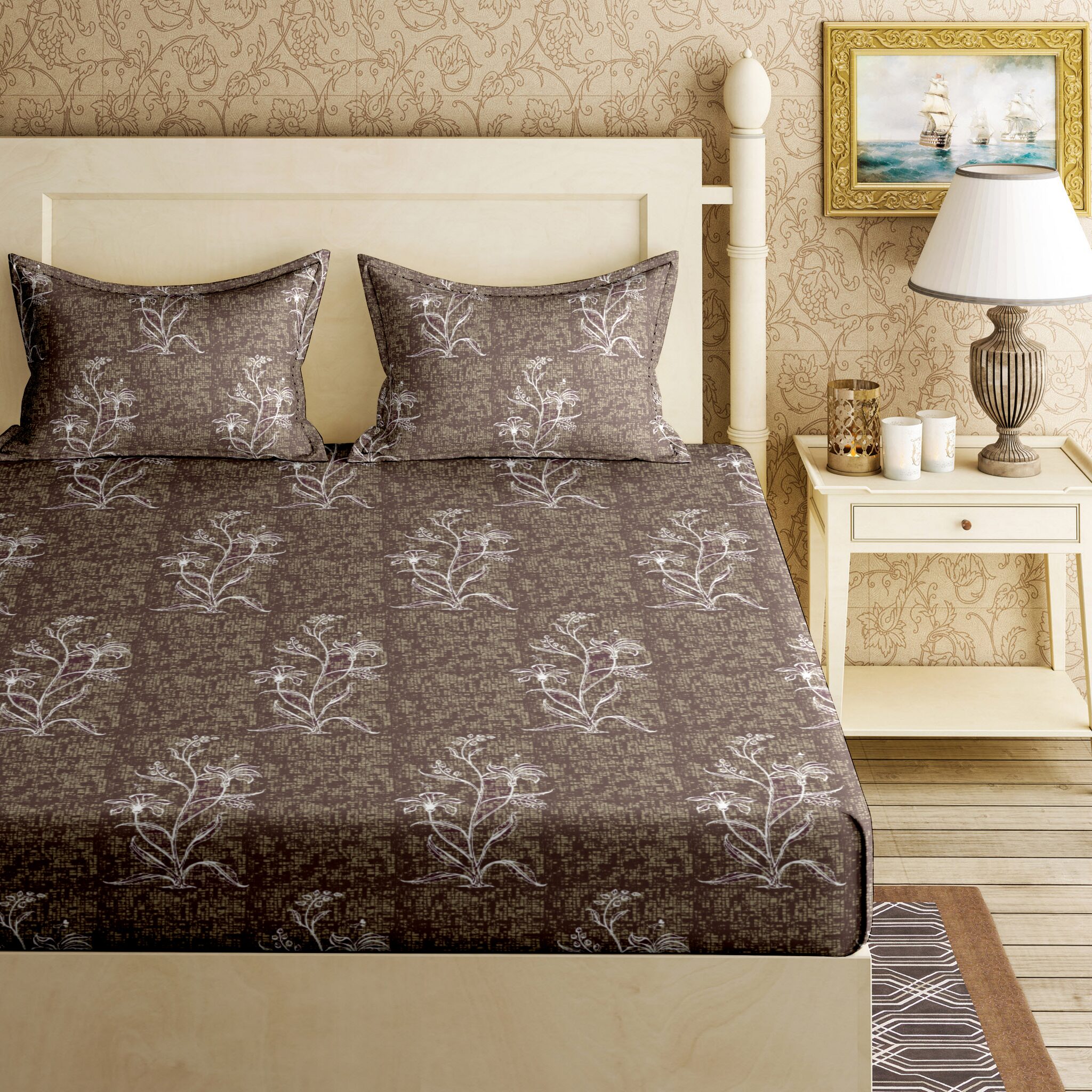 

Bella Casa Cotton Printed King Size Bedsheet 144 TC ( 1 Bedsheet With 2 Pillow Covers Grey )