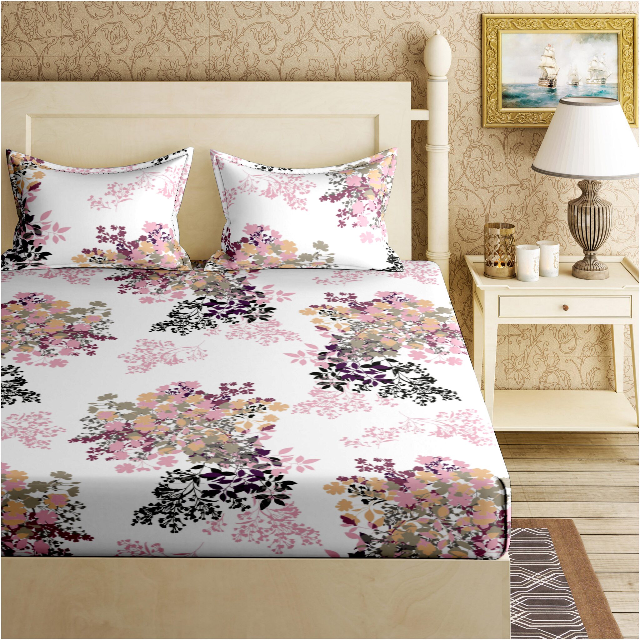 

Bella Casa Cotton Floral King Size Bedsheet 144 TC ( 1 Bedsheet With 2 Pillow Covers Pink )