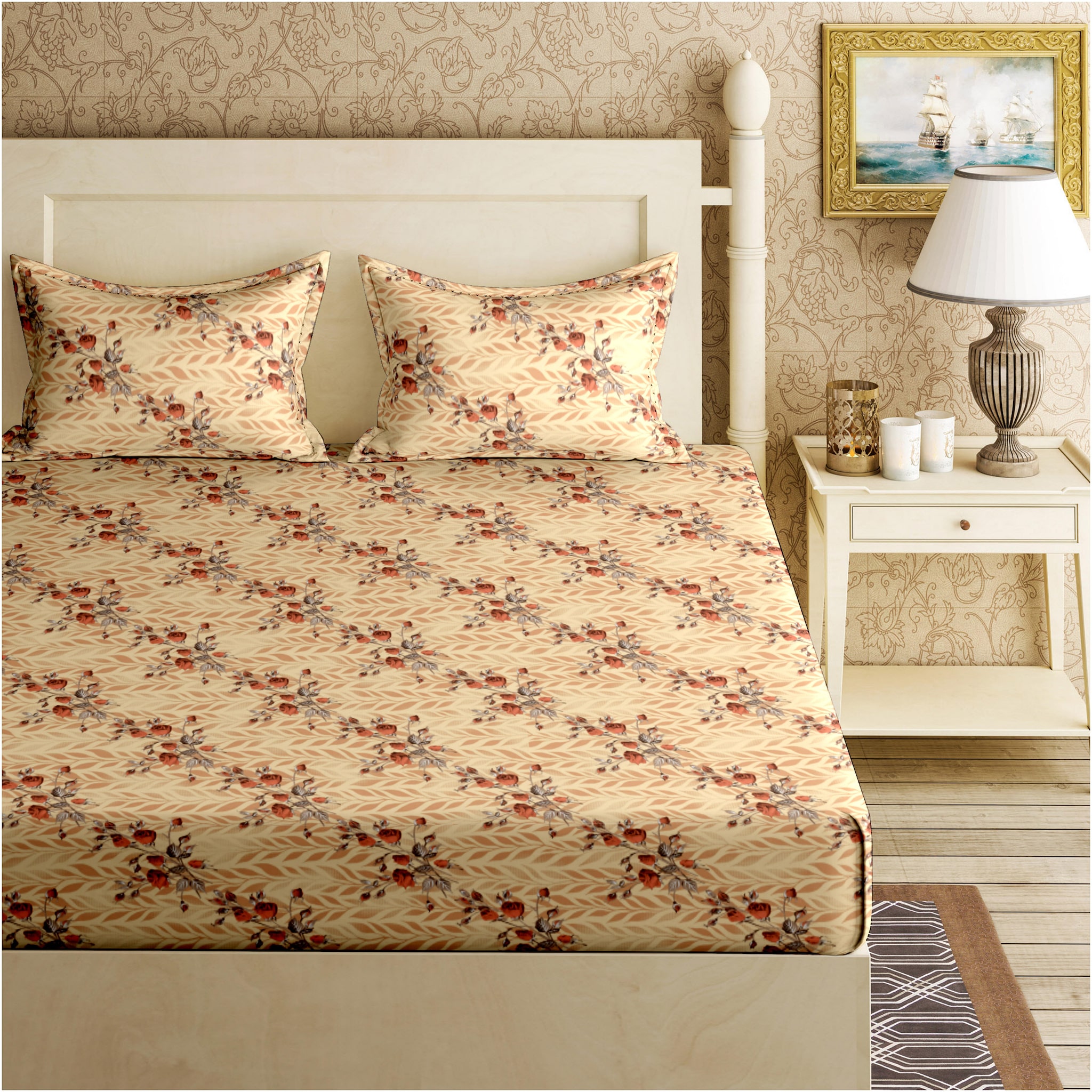 

Bella Casa Cotton Floral King Size Bedsheet 144 TC ( 1 Bedsheet With 2 Pillow Covers Beige )