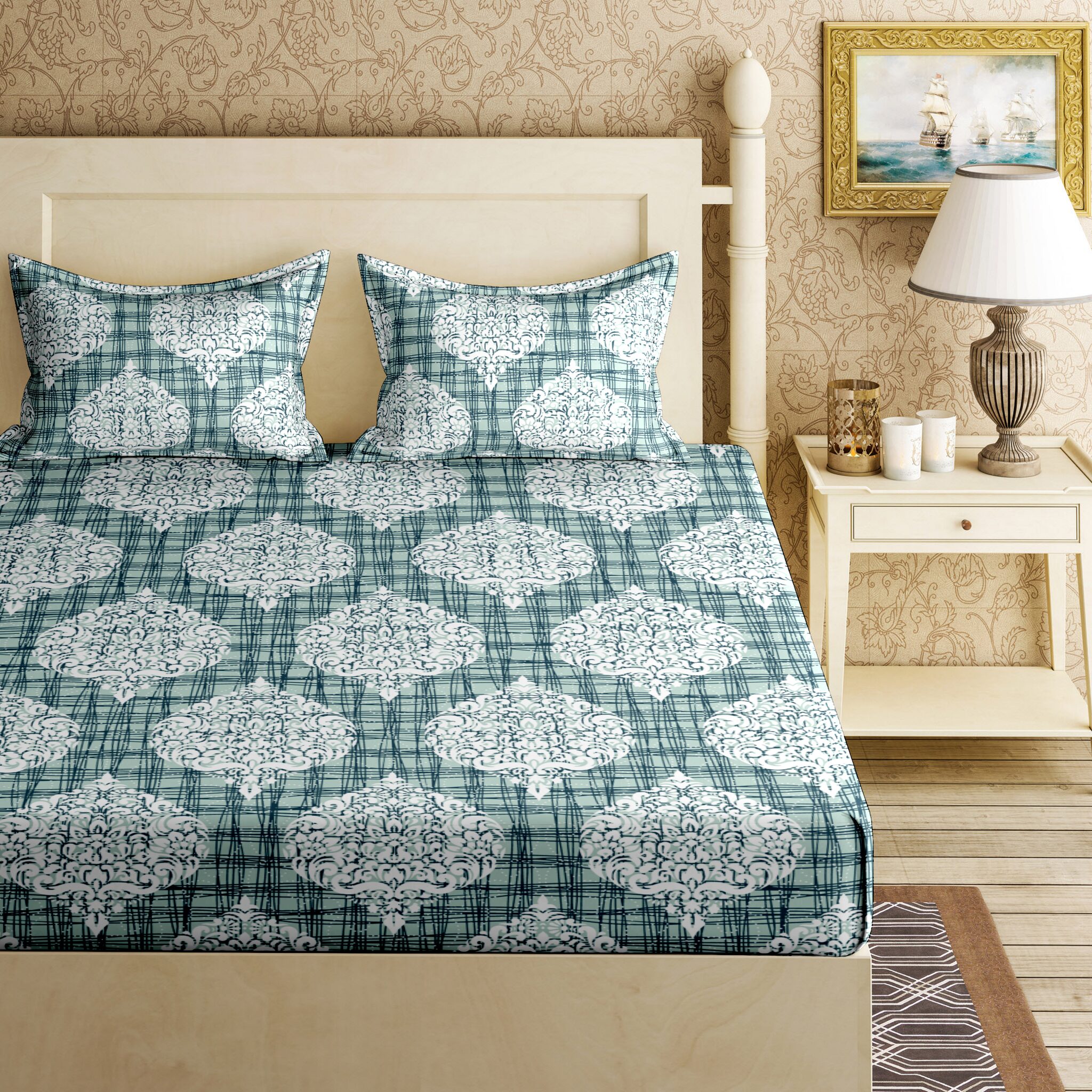

Bella Casa Cotton Printed King Size Bedsheet 144 TC ( 1 Bedsheet With 2 Pillow Covers Blue )