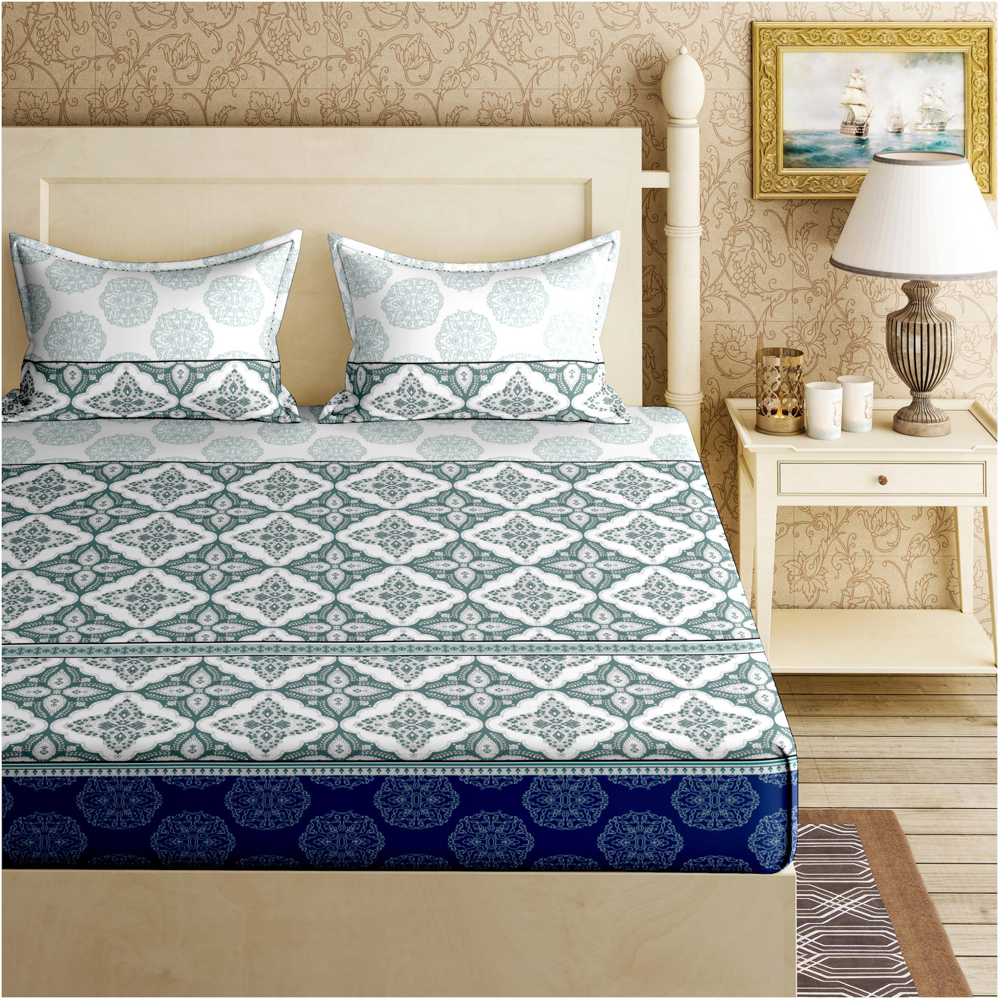 

Bella Casa Cotton Geometric King Size Bedsheet 144 TC ( 1 Bedsheet With 2 Pillow Covers Blue )