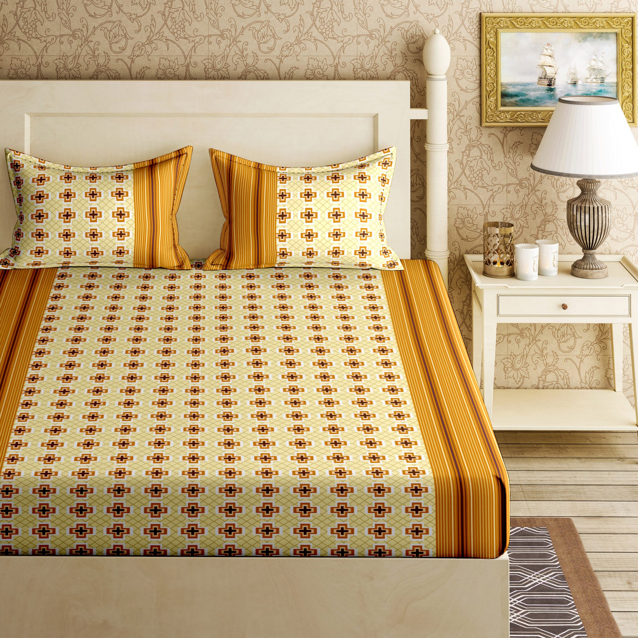 

Bella Casa Cotton Printed King Size Bedsheet 144 TC ( 1 Bedsheet With 2 Pillow Covers Yellow )
