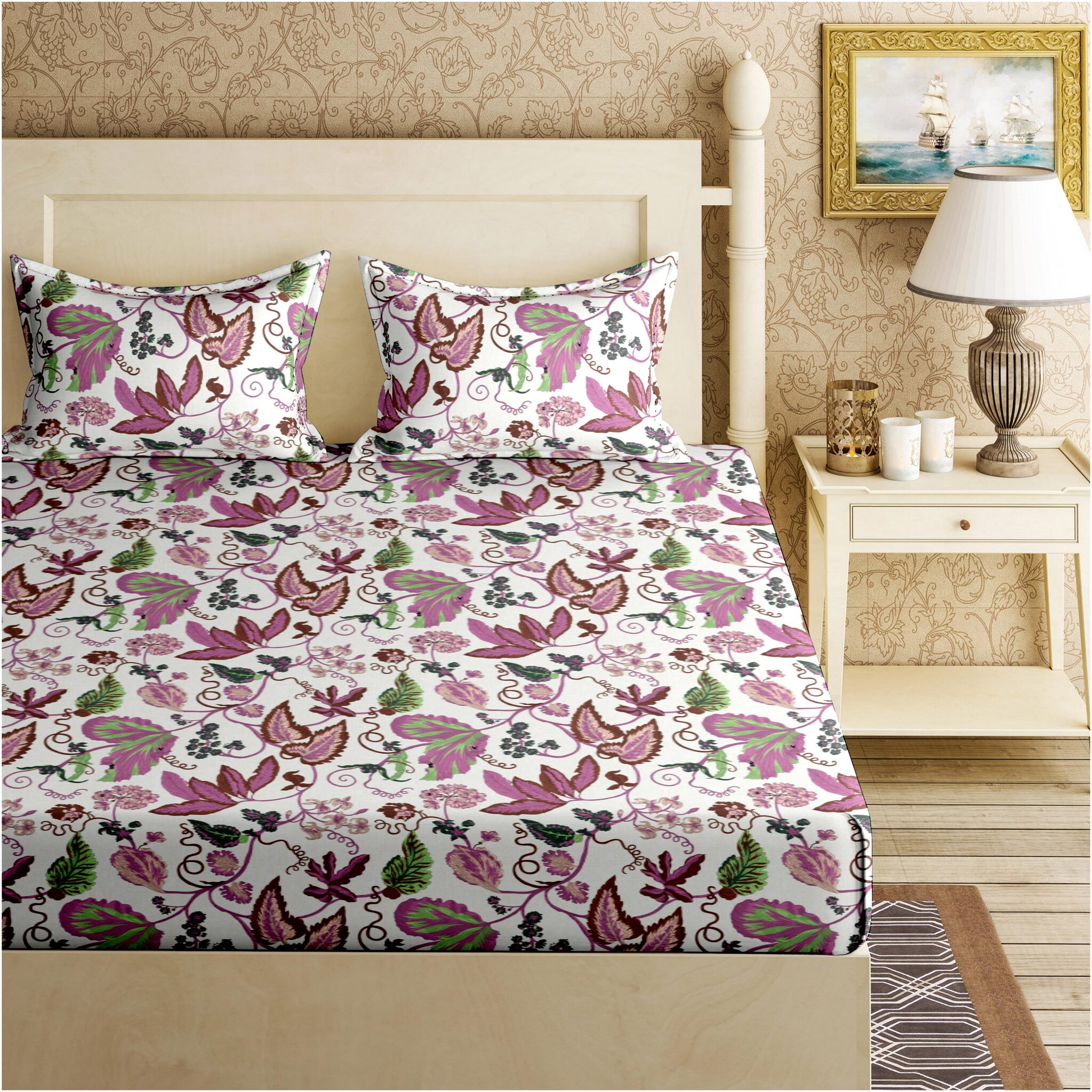 

Bella Casa Cotton Floral King Size Bedsheet 144 TC ( 1 Bedsheet With 2 Pillow Covers Maroon )