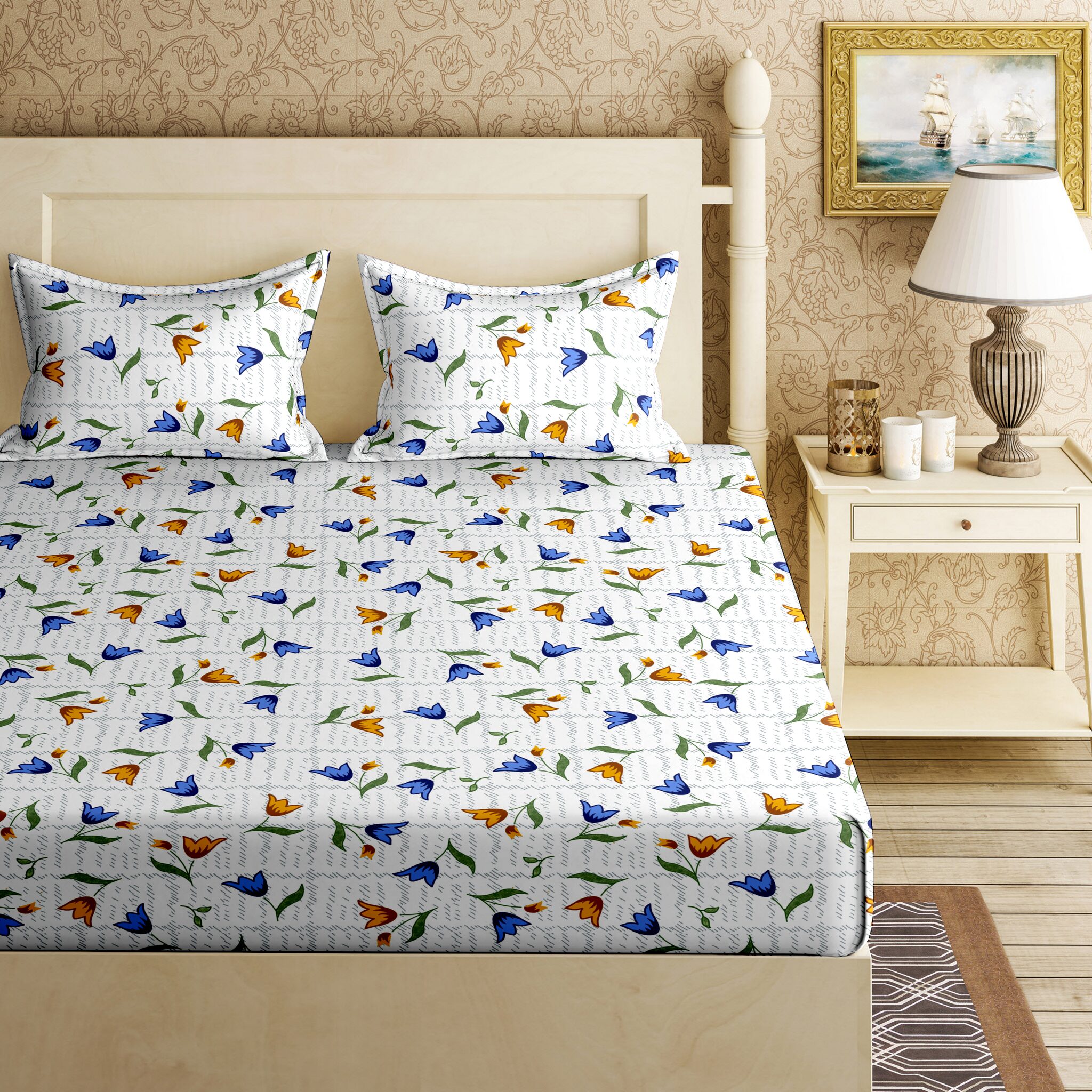 

Bella Casa Cotton Printed King Size Bedsheet 120 TC ( 1 Bedsheet With 2 Pillow Covers White )