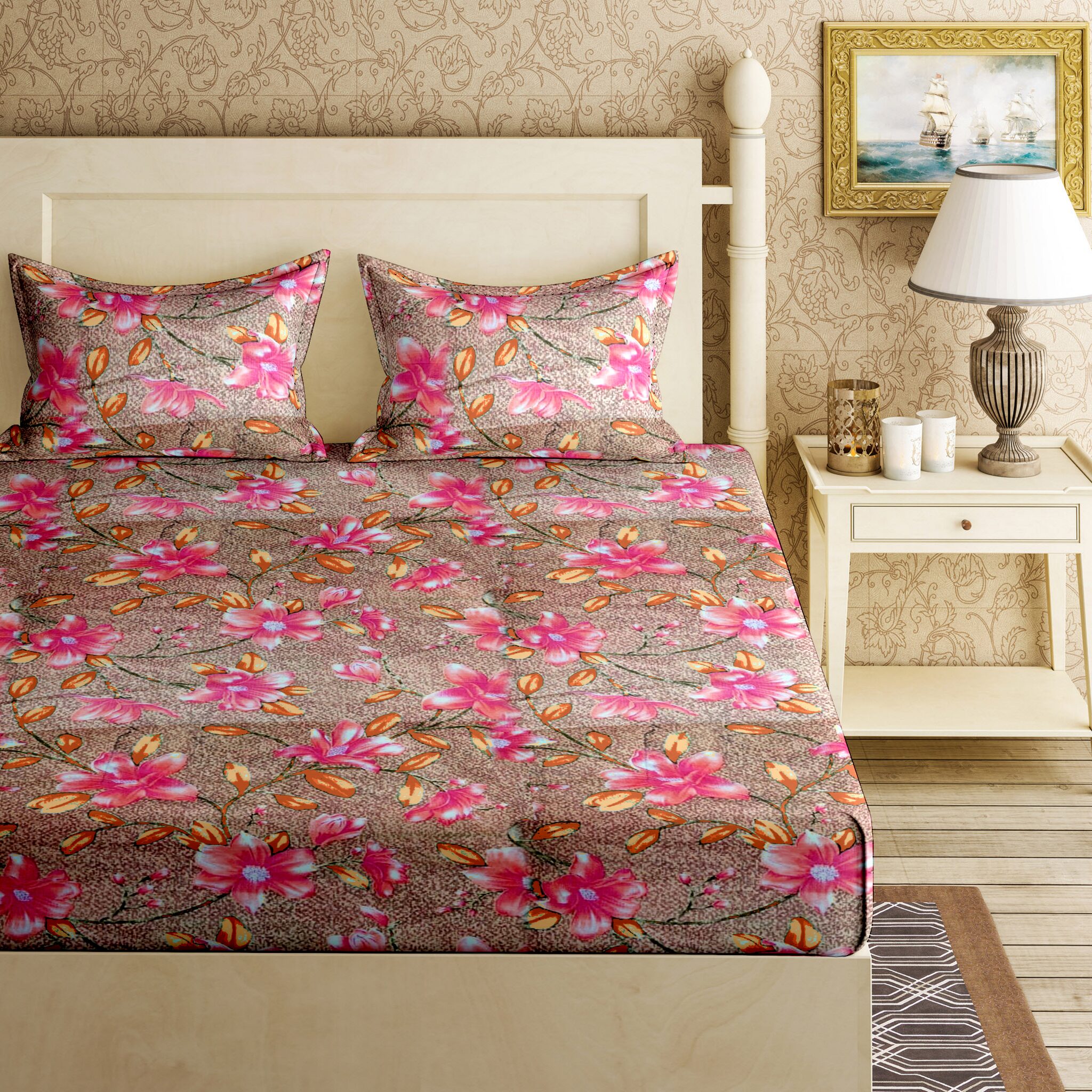 

Bella Casa Cotton Printed King Size Bedsheet 120 TC ( 1 Bedsheet With 2 Pillow Covers Pink )