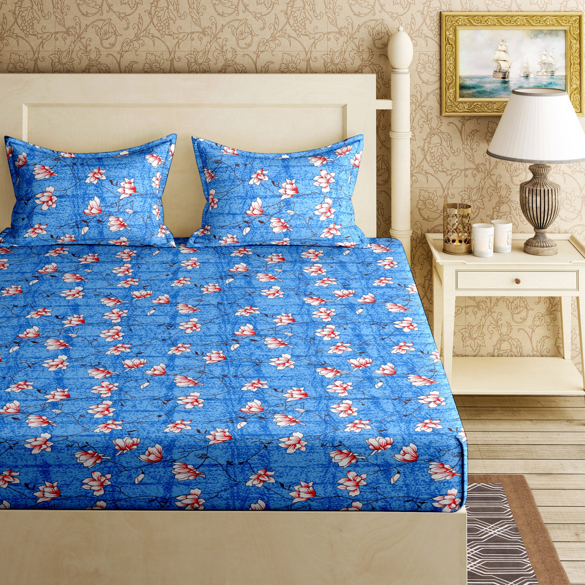 

Bella Casa Cotton Printed King Size Bedsheet 120 TC ( 1 Bedsheet With 2 Pillow Covers Blue )