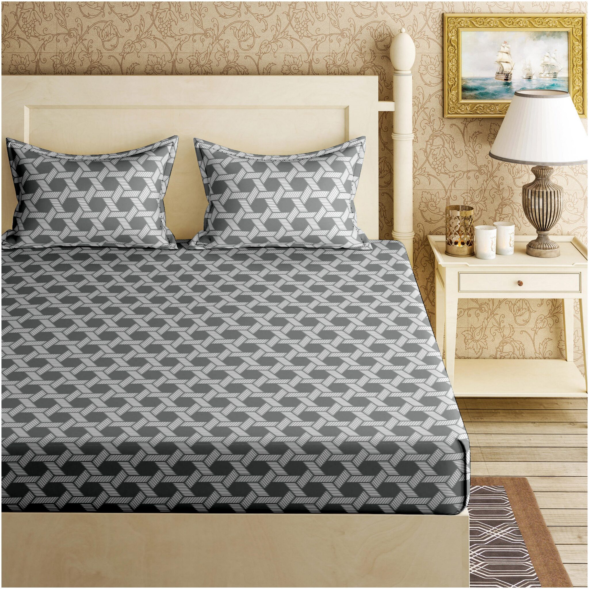 

Bella Casa Cotton Checkered King Size Bedsheet 120 TC ( 1 Bedsheet With 2 Pillow Covers Grey )