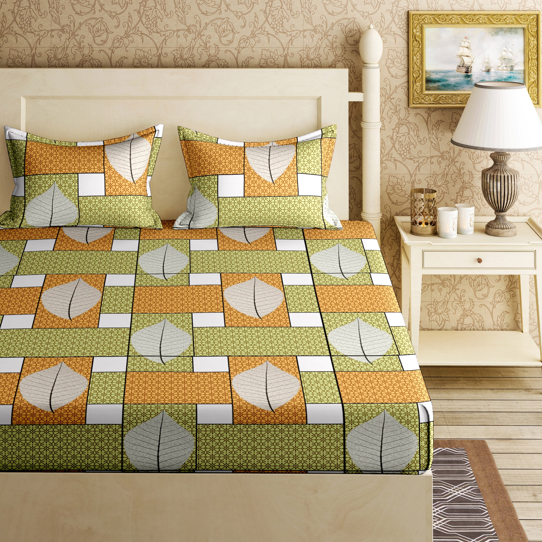 

Bella Casa Cotton Printed King Size Bedsheet 120 TC ( 1 Bedsheet With 2 Pillow Covers Green )