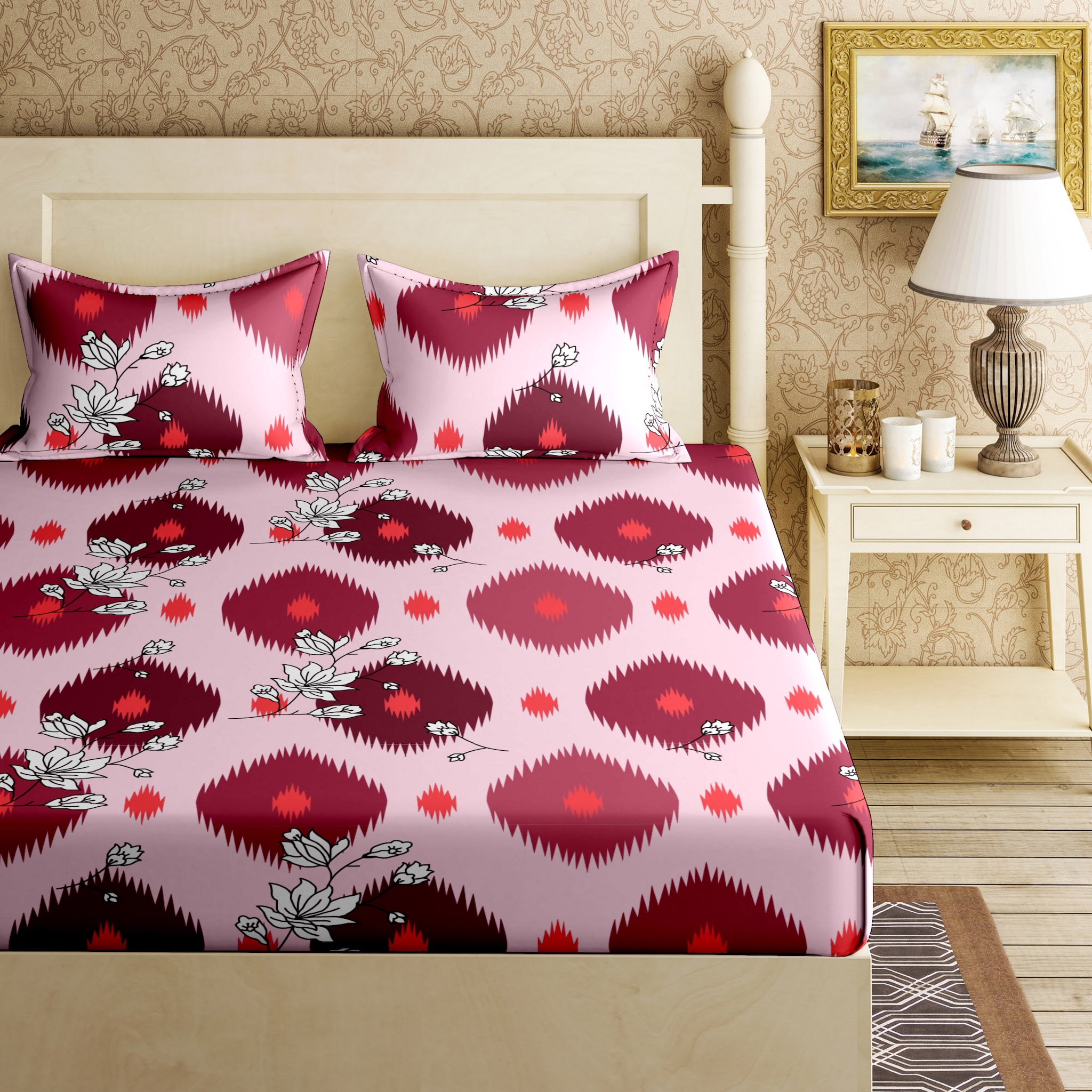 

Bella Casa Cotton Printed King Size Bedsheet 120 TC ( 1 Bedsheet With 2 Pillow Covers Pink )