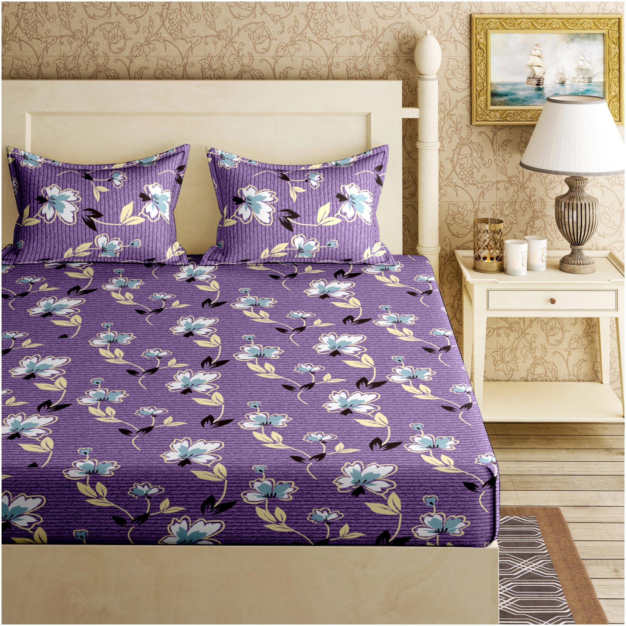 

Bella Casa Cotton Floral King Size Bedsheet 120 TC ( 1 Bedsheet With 2 Pillow Covers Purple )