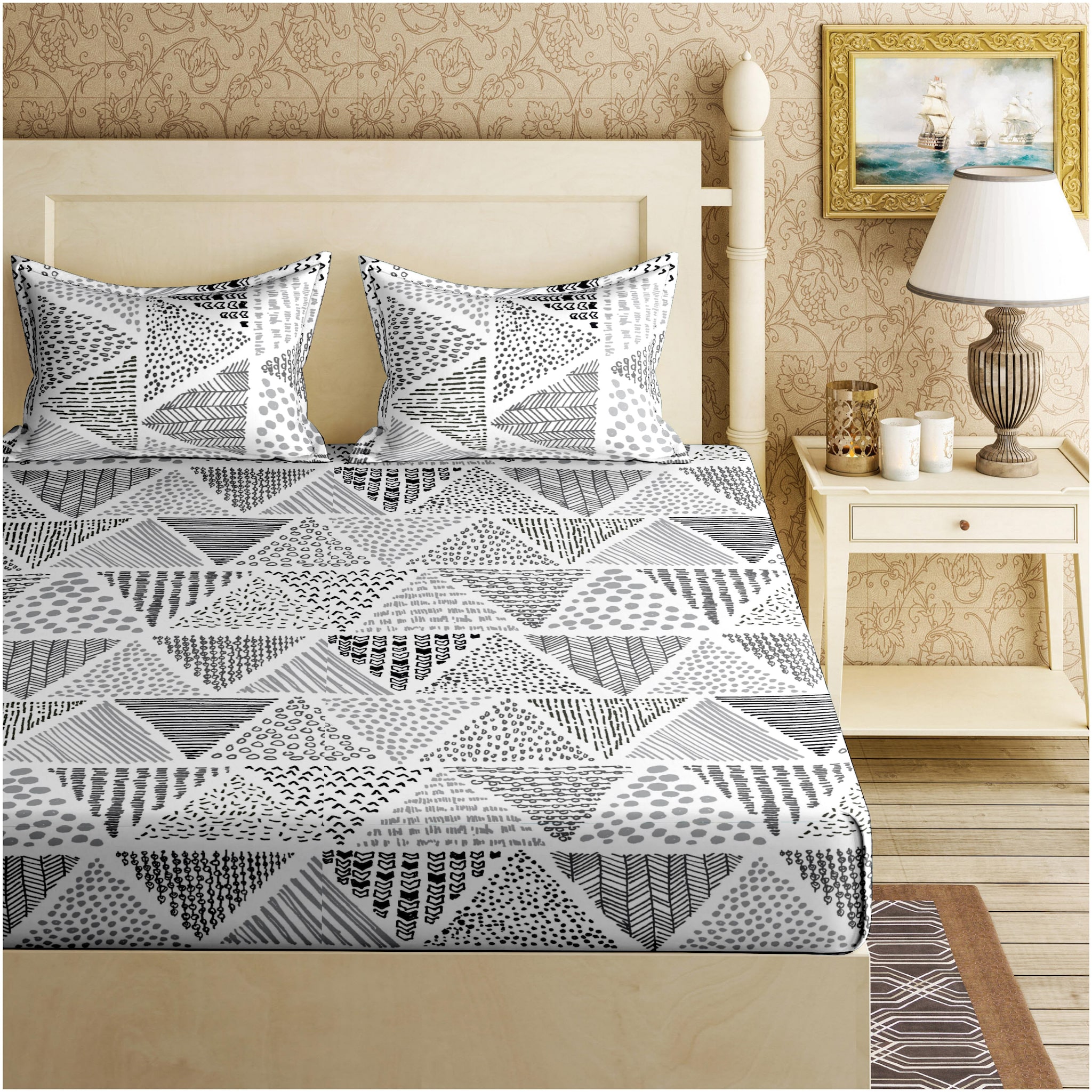 

Bella Casa Cotton Striped King Size Bedsheet 120 TC ( 1 Bedsheet With 2 Pillow Covers Grey )