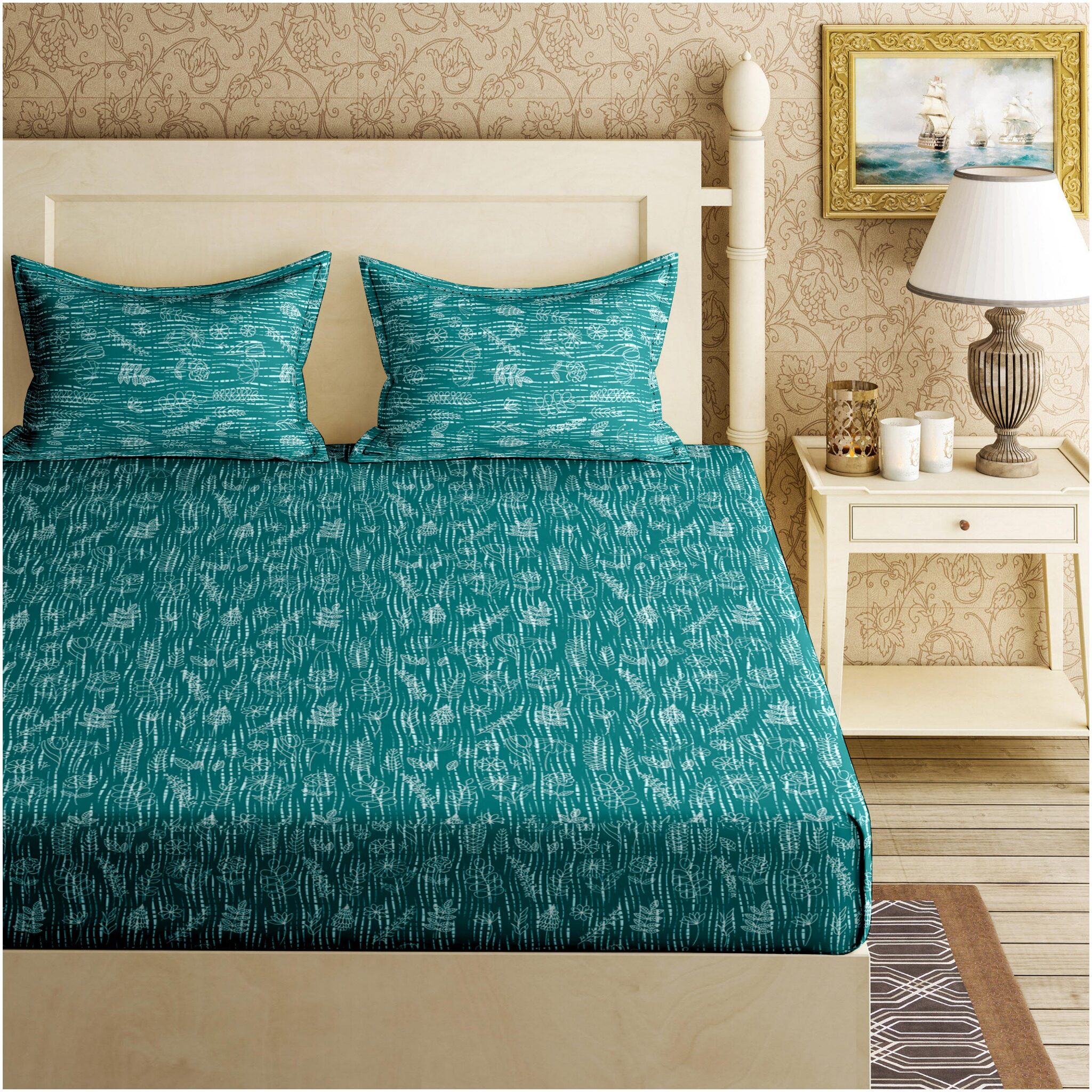 

Bella Casa Cotton Printed King Size Bedsheet 120 TC ( 1 Bedsheet With 2 Pillow Covers Blue )