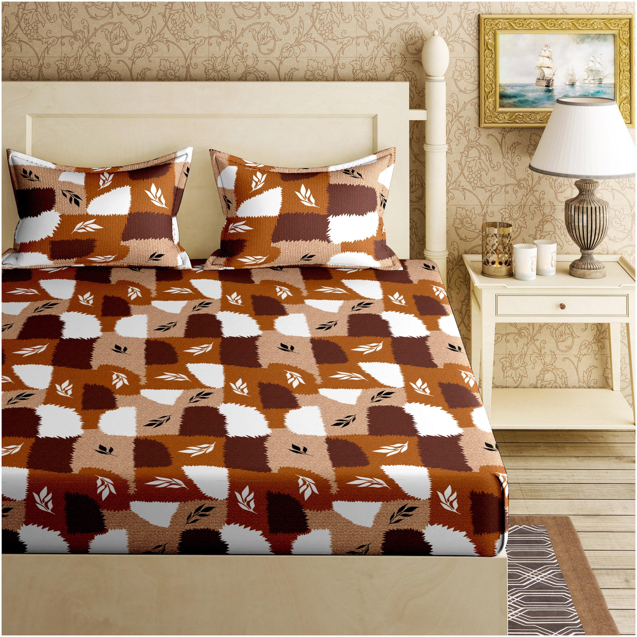 

Bella Casa Cotton Abstract King Size Bedsheet 120 TC ( 1 Bedsheet With 2 Pillow Covers Brown )