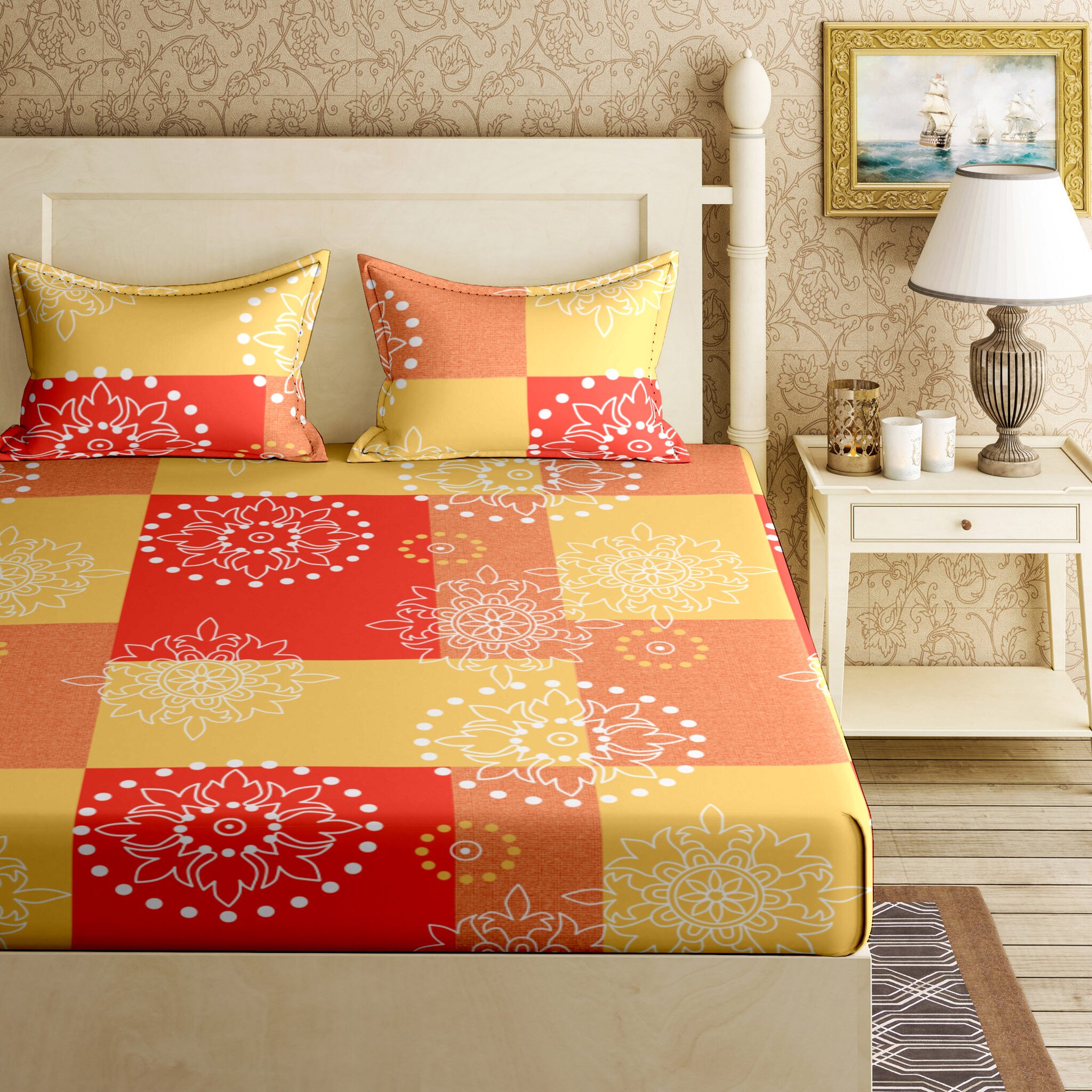 

Bella Casa Cotton Printed King Size Bedsheet 120 TC ( 1 Bedsheet With 2 Pillow Covers Yellow )