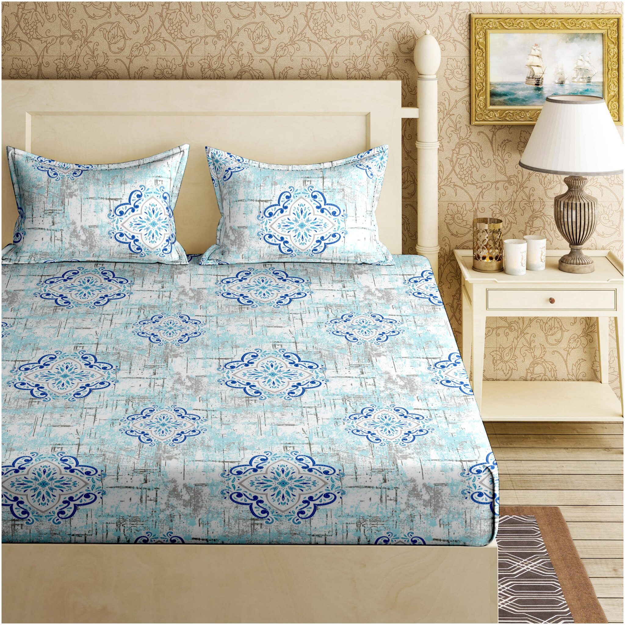 

Bella Casa Cotton Printed Double Size Bedsheet 110 TC ( 1 Bedsheet With 2 Pillow Covers Blue )