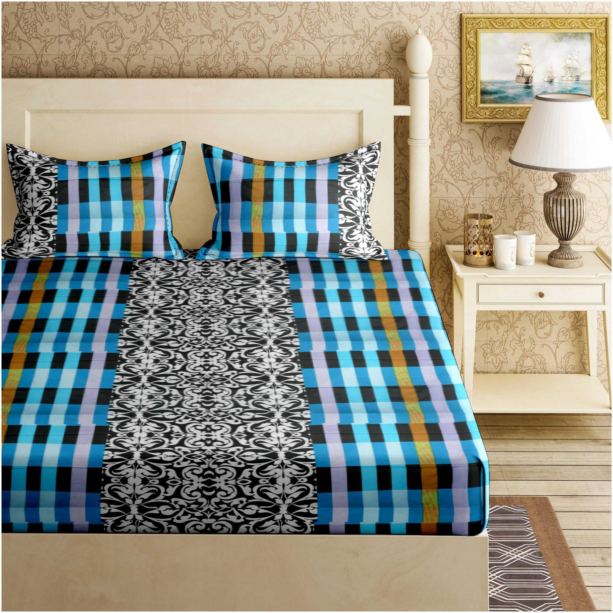 

Bella Casa Cotton Checkered Double Size Bedsheet 110 TC ( 1 Bedsheet With 2 Pillow Covers Blue )