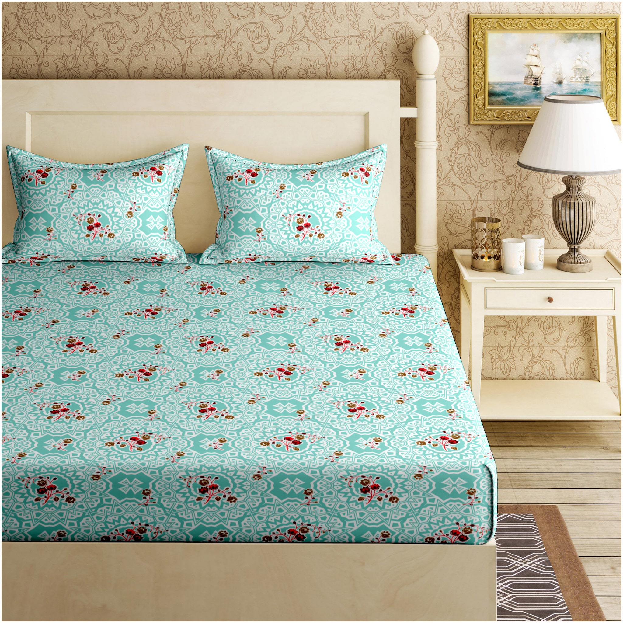 

Bella Casa Cotton Floral Double Size Bedsheet 110 TC ( 1 Bedsheet With 2 Pillow Covers Blue )