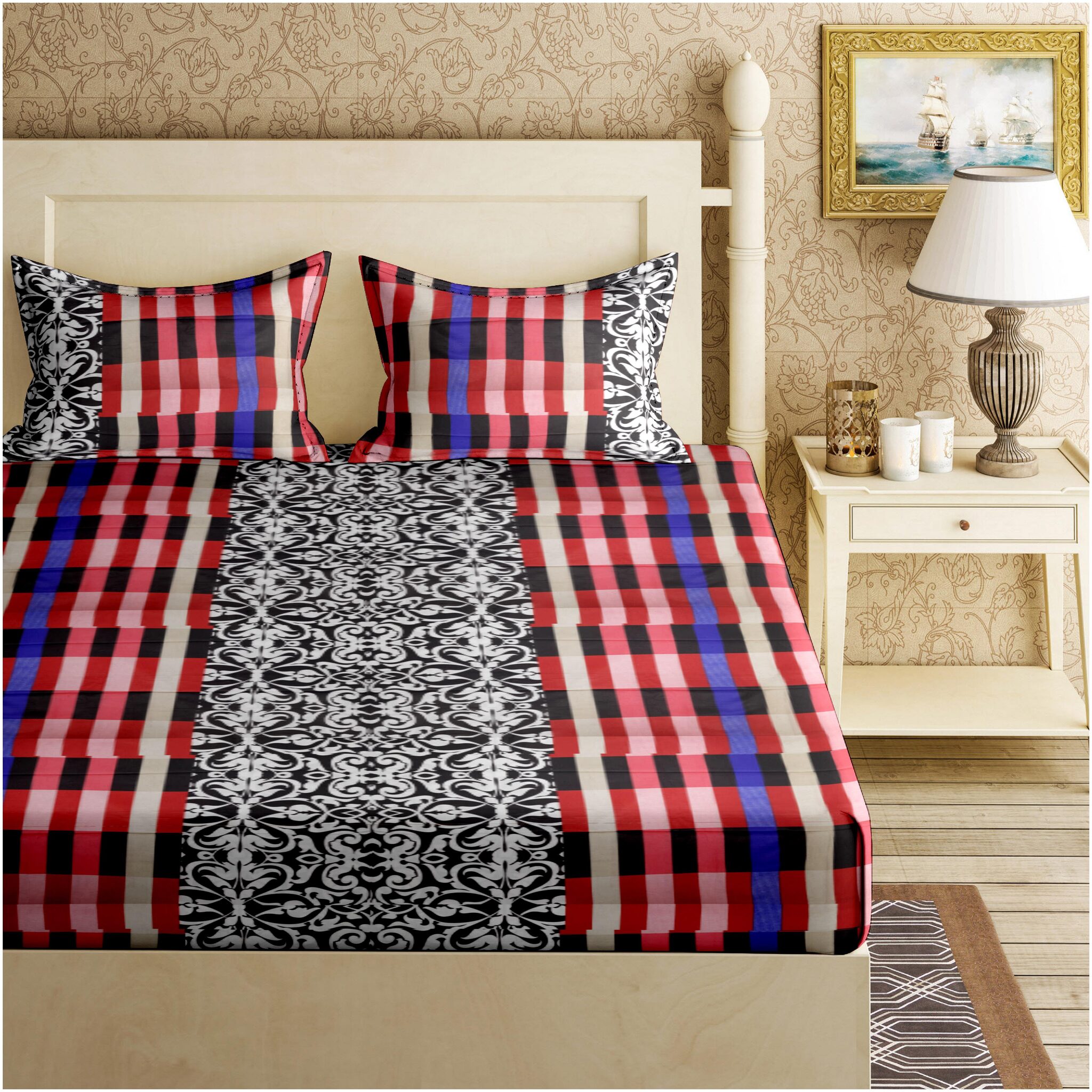 

Bella Casa Cotton Checkered Double Size Bedsheet 110 TC ( 1 Bedsheet With 2 Pillow Covers Red )