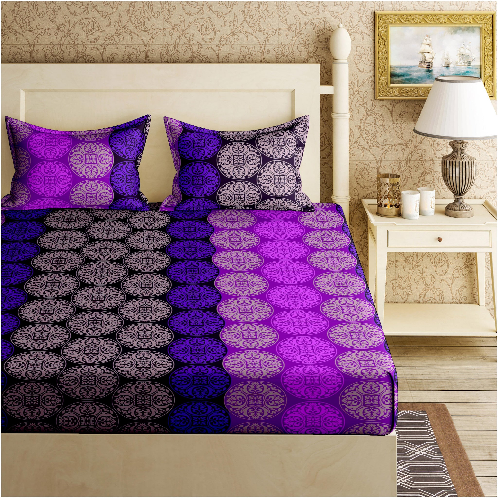 

Bella Casa Cotton Abstract Double Size Bedsheet 110 TC ( 1 Bedsheet With 2 Pillow Covers Purple )