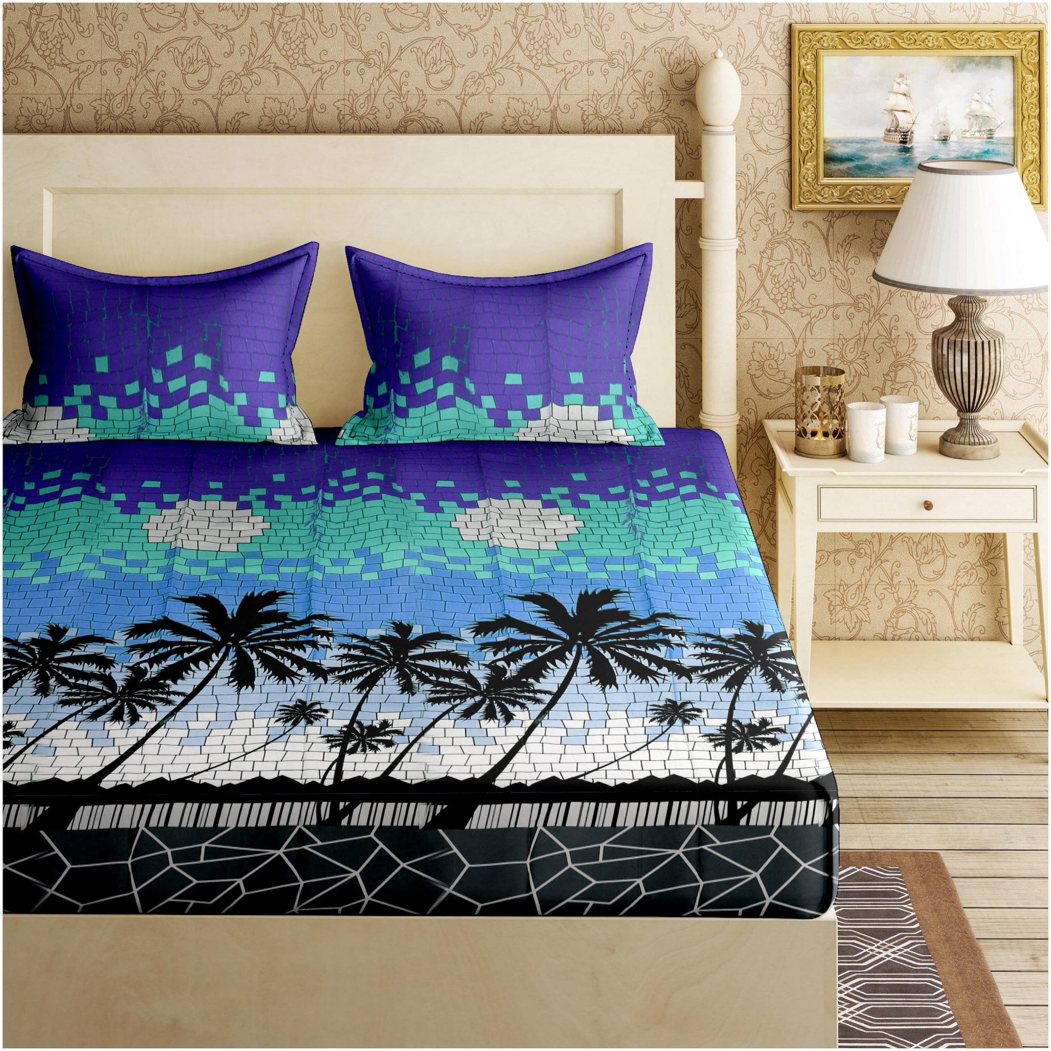 

Bella Casa Cotton Floral Double Size Bedsheet 110 TC ( 1 Bedsheet With 2 Pillow Covers Blue )
