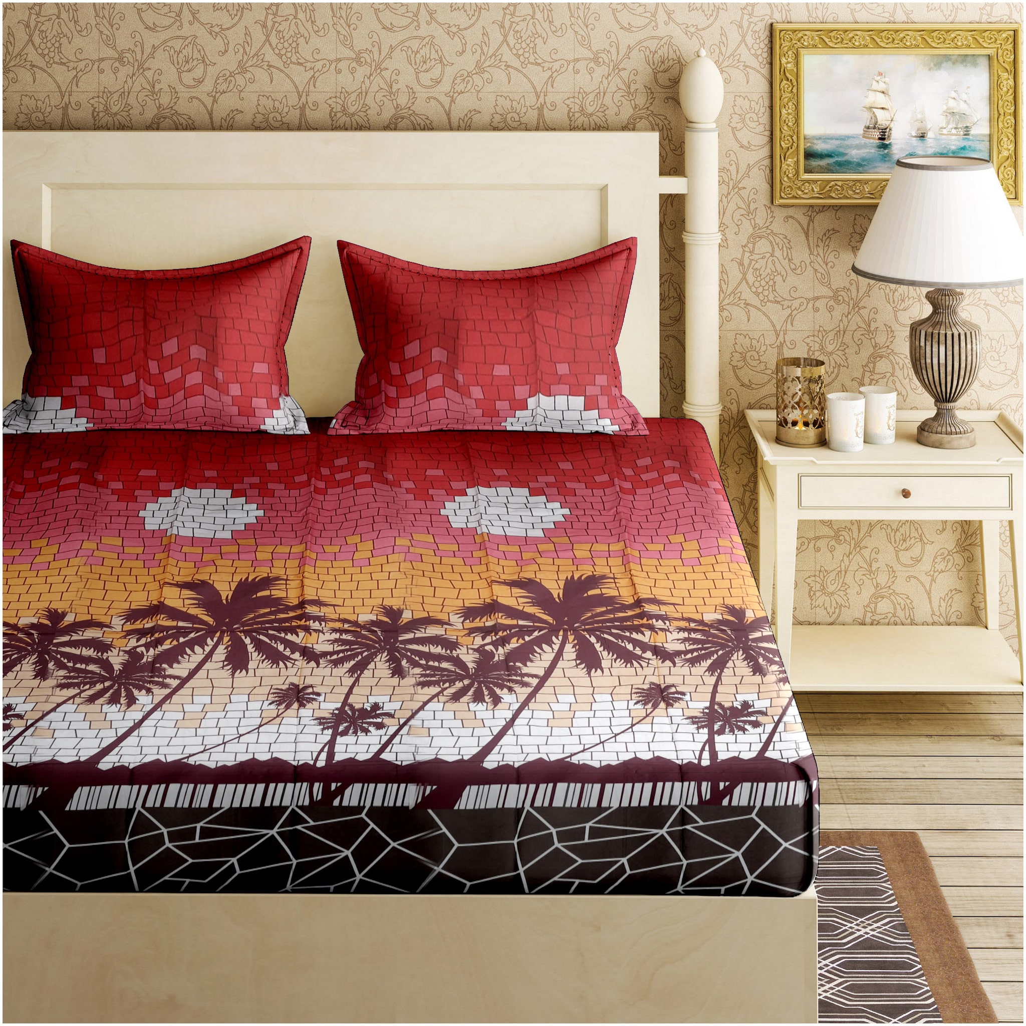 

Bella Casa Cotton Floral Double Size Bedsheet 110 TC ( 1 Bedsheet With 2 Pillow Covers Red )