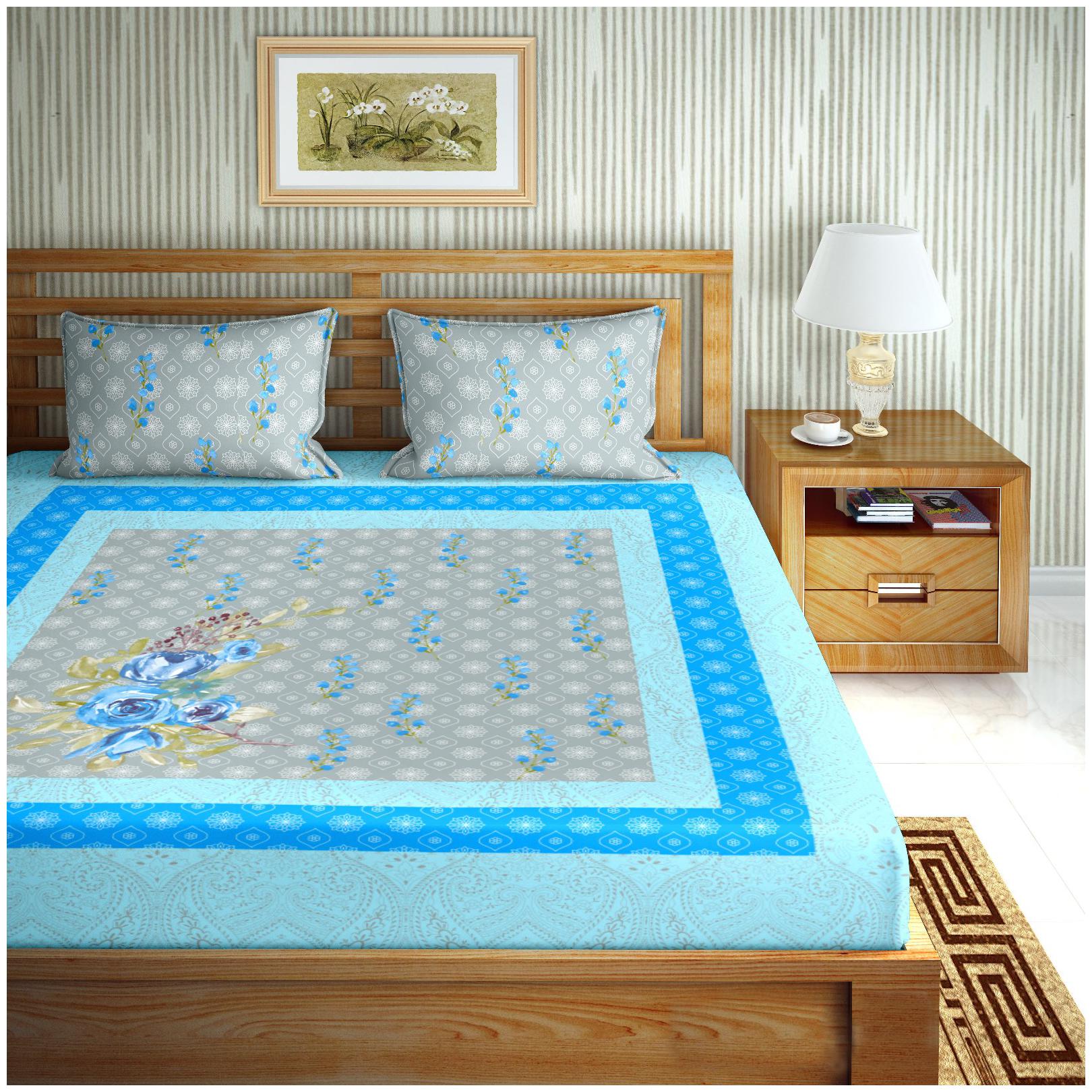 

Bella Casa Cotton Floral King Size Bedsheet 180 TC ( 1 Bedsheet With 2 Pillow Covers Blue )