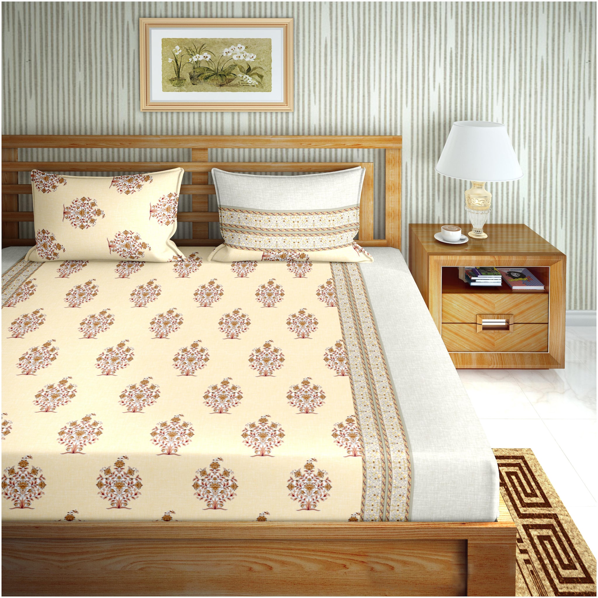 

Bella Casa Cotton Floral King Size Bedsheet 180 TC ( 1 Bedsheet With 2 Pillow Covers Beige )