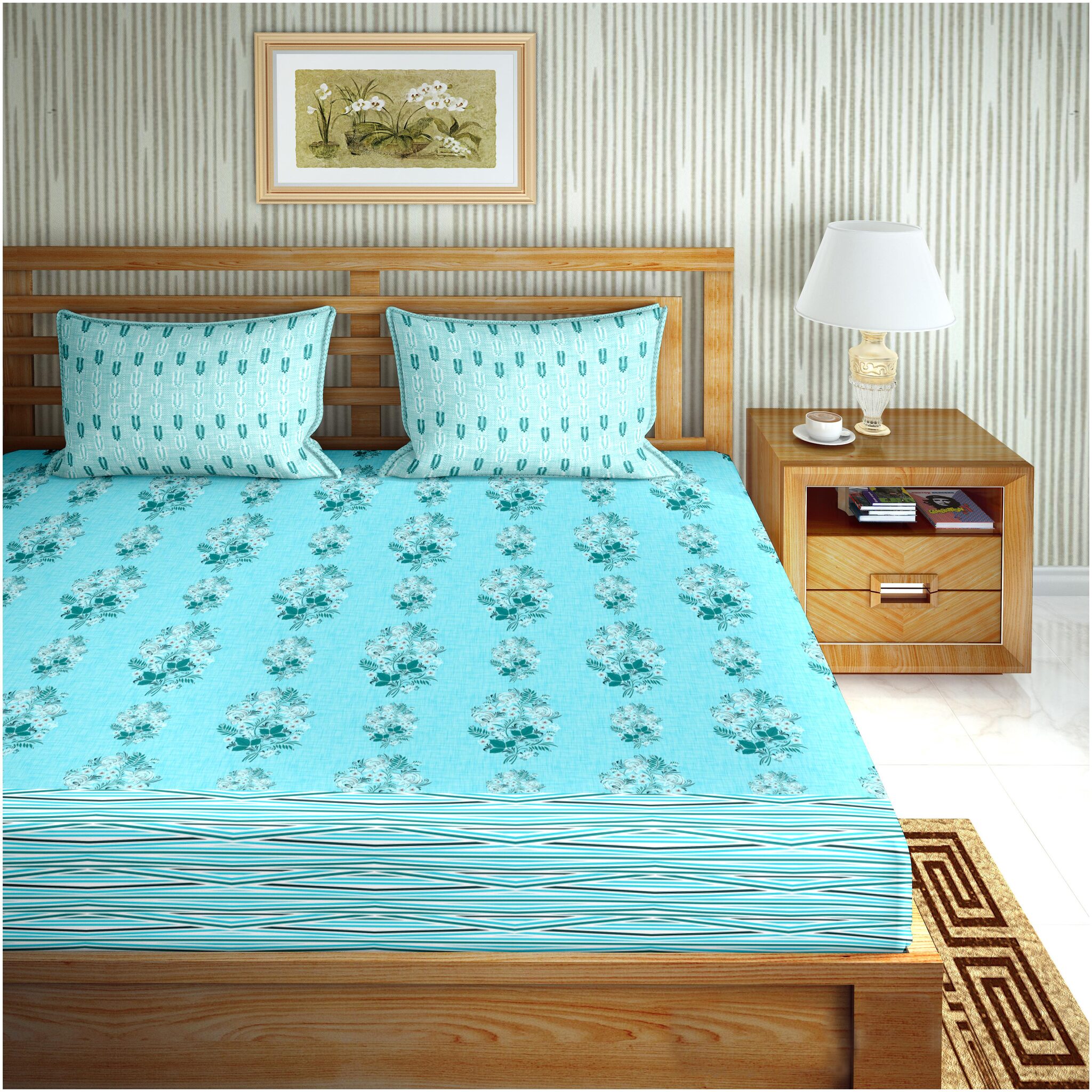 

Bella Casa Cotton Floral King Size Bedsheet 180 TC ( 1 Bedsheet With 2 Pillow Covers Blue )