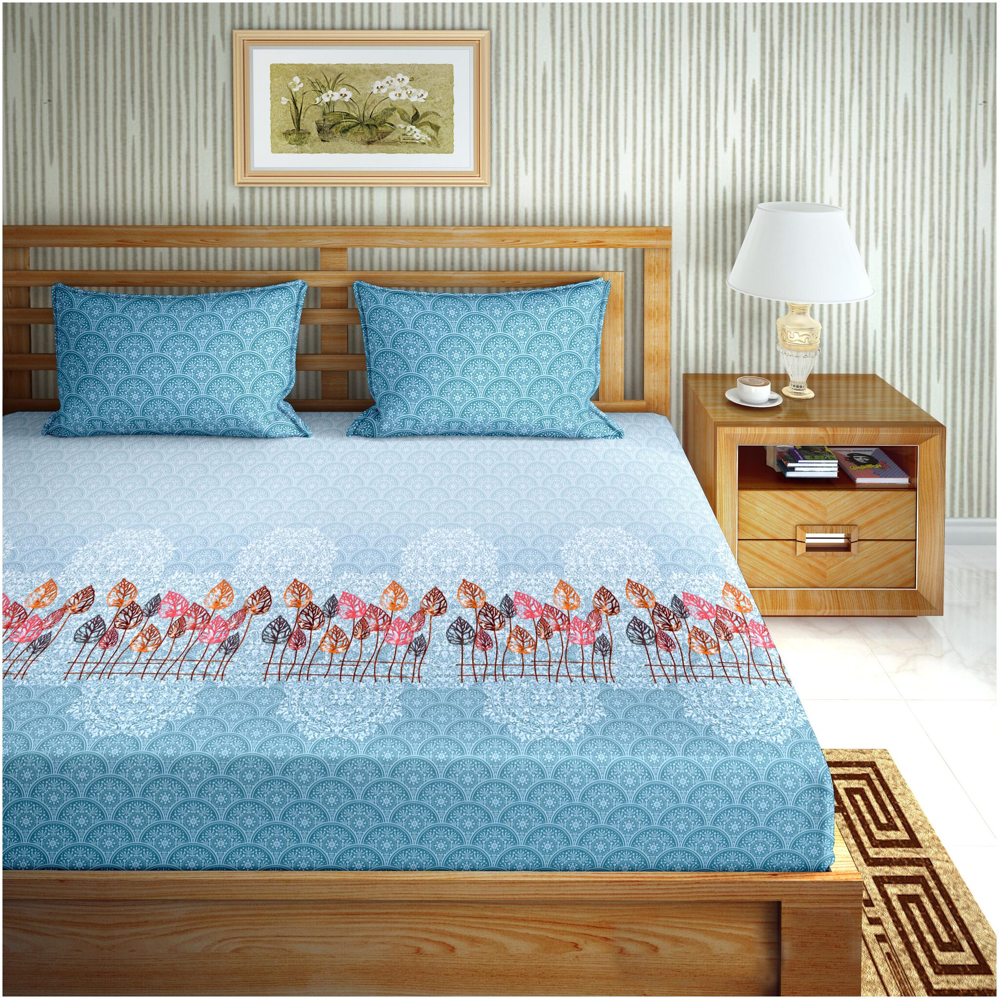 

Bella Casa Cotton Floral King Size Bedsheet 180 TC ( 1 Bedsheet With 2 Pillow Covers Blue )