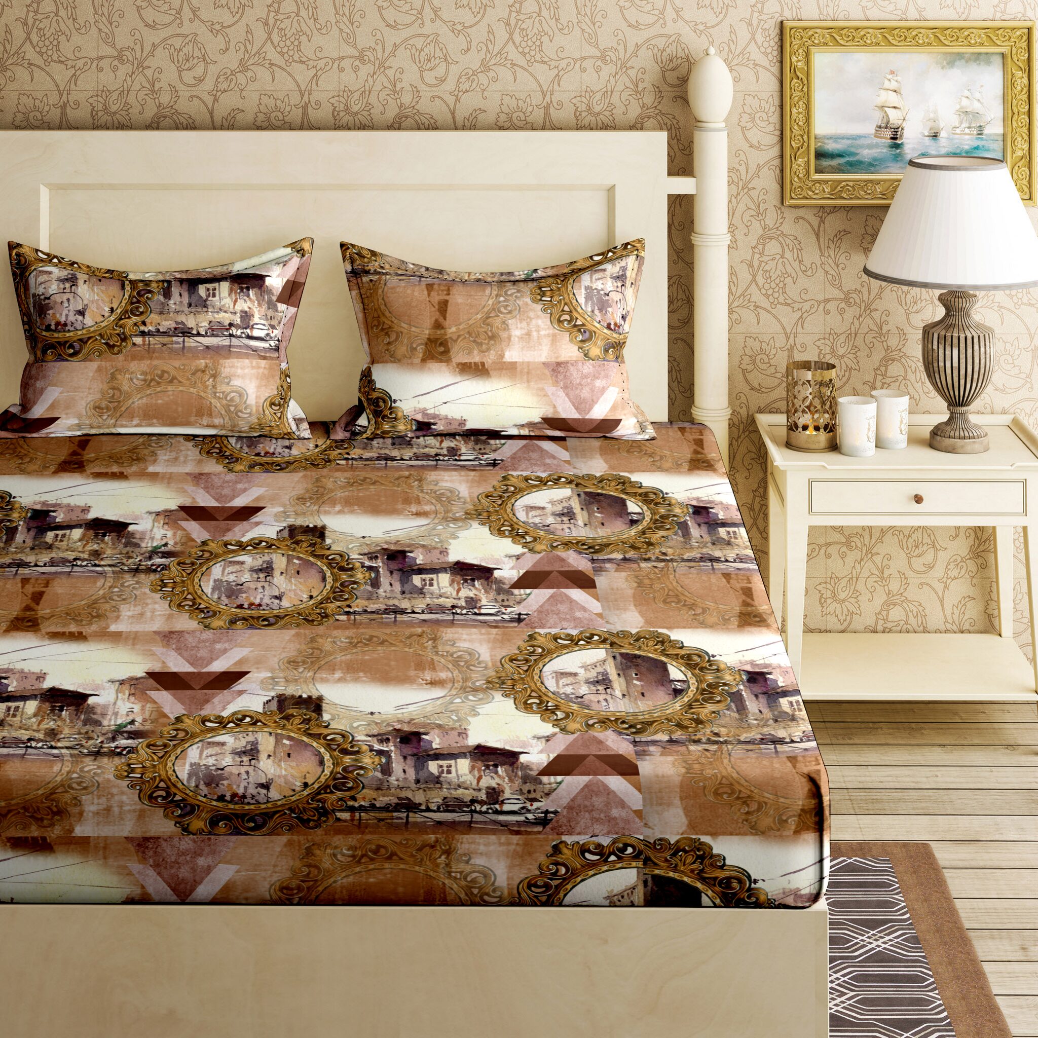 

Bella Casa Cotton Printed King Size Bedsheet 144 TC ( 1 Bedsheet With 2 Pillow Covers Brown )