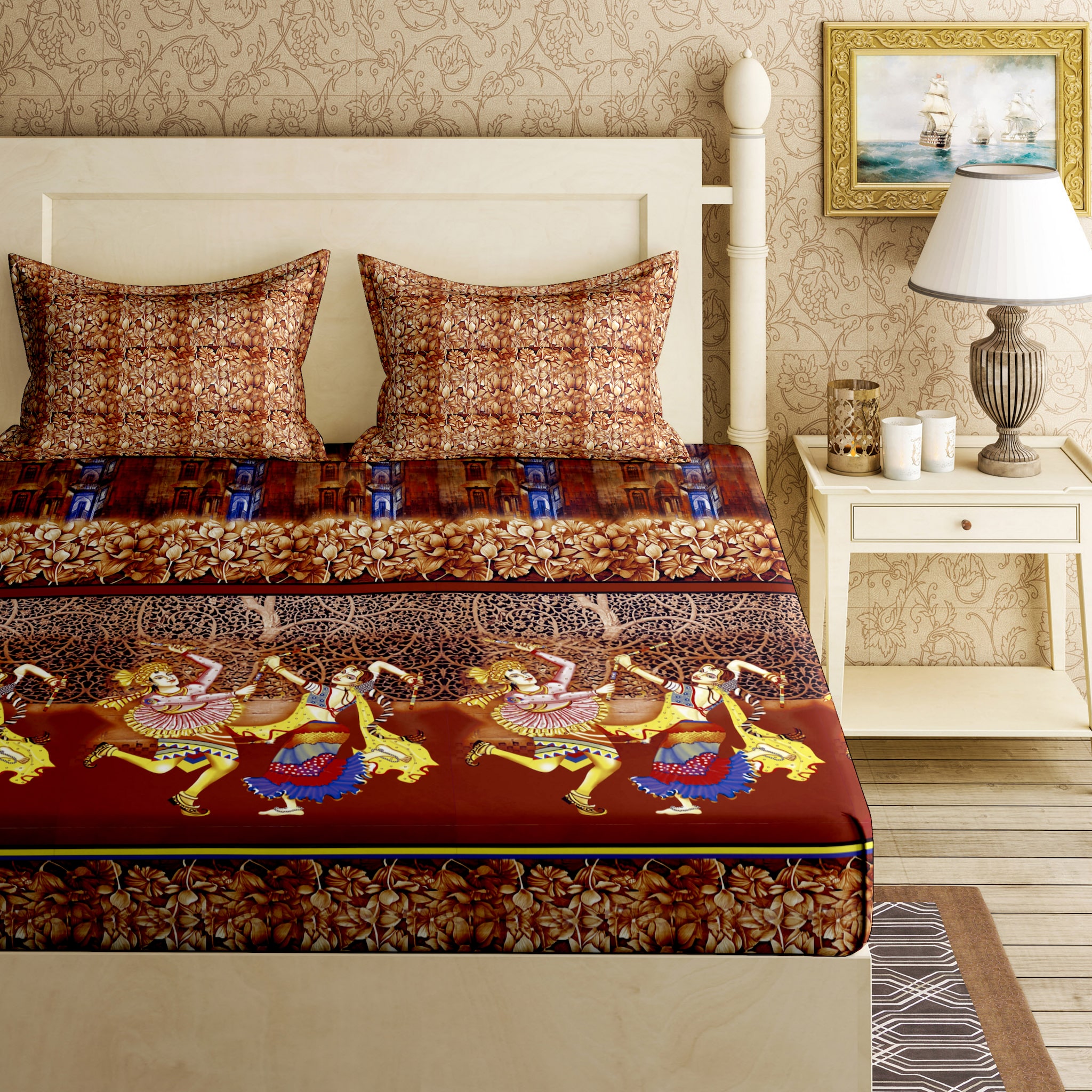 

Bella Casa Cotton Printed King Size Bedsheet 144 TC ( 1 Bedsheet With 2 Pillow Covers Brown )