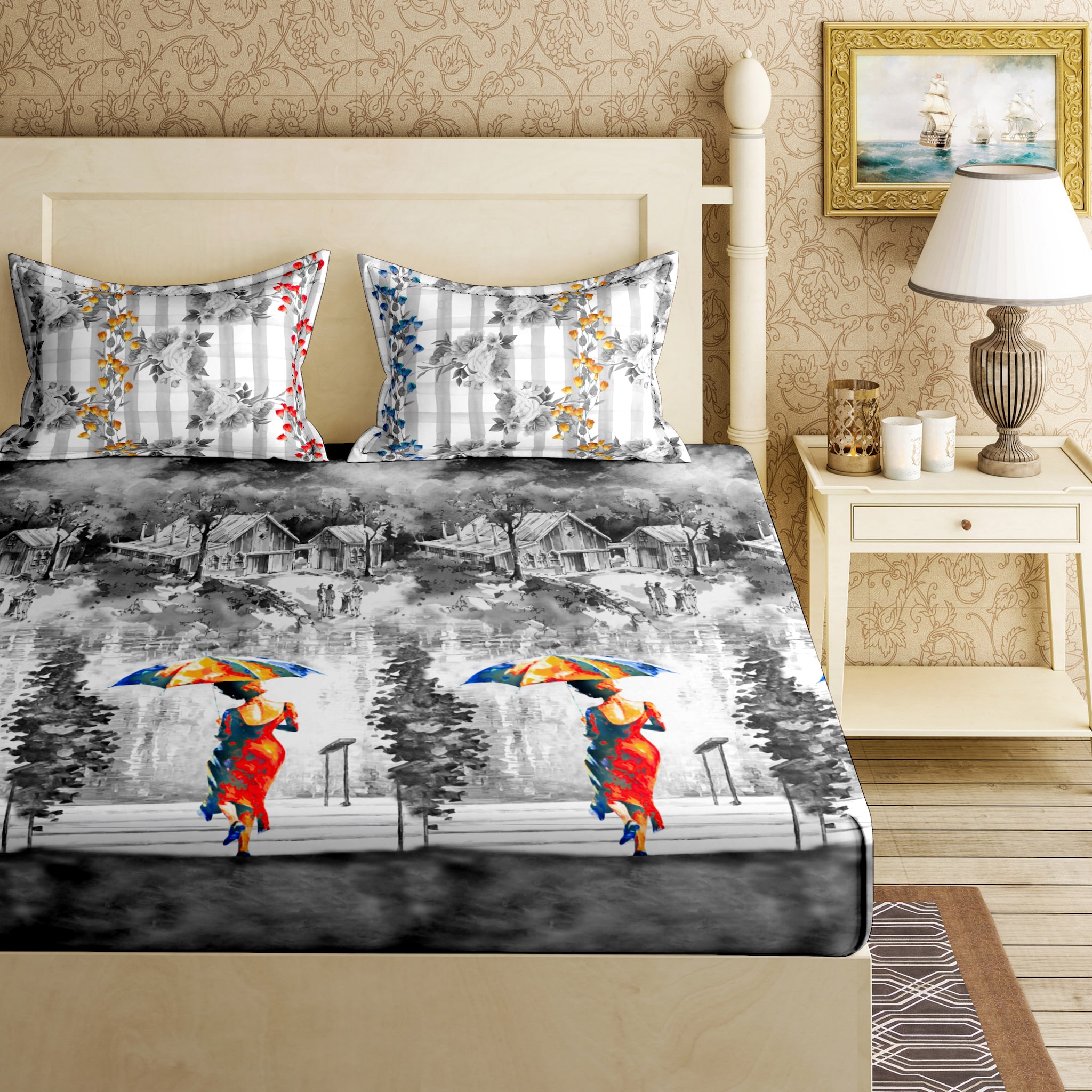 

Bella Casa Cotton Printed King Size Bedsheet 144 TC ( 1 Bedsheet With 2 Pillow Covers Grey )