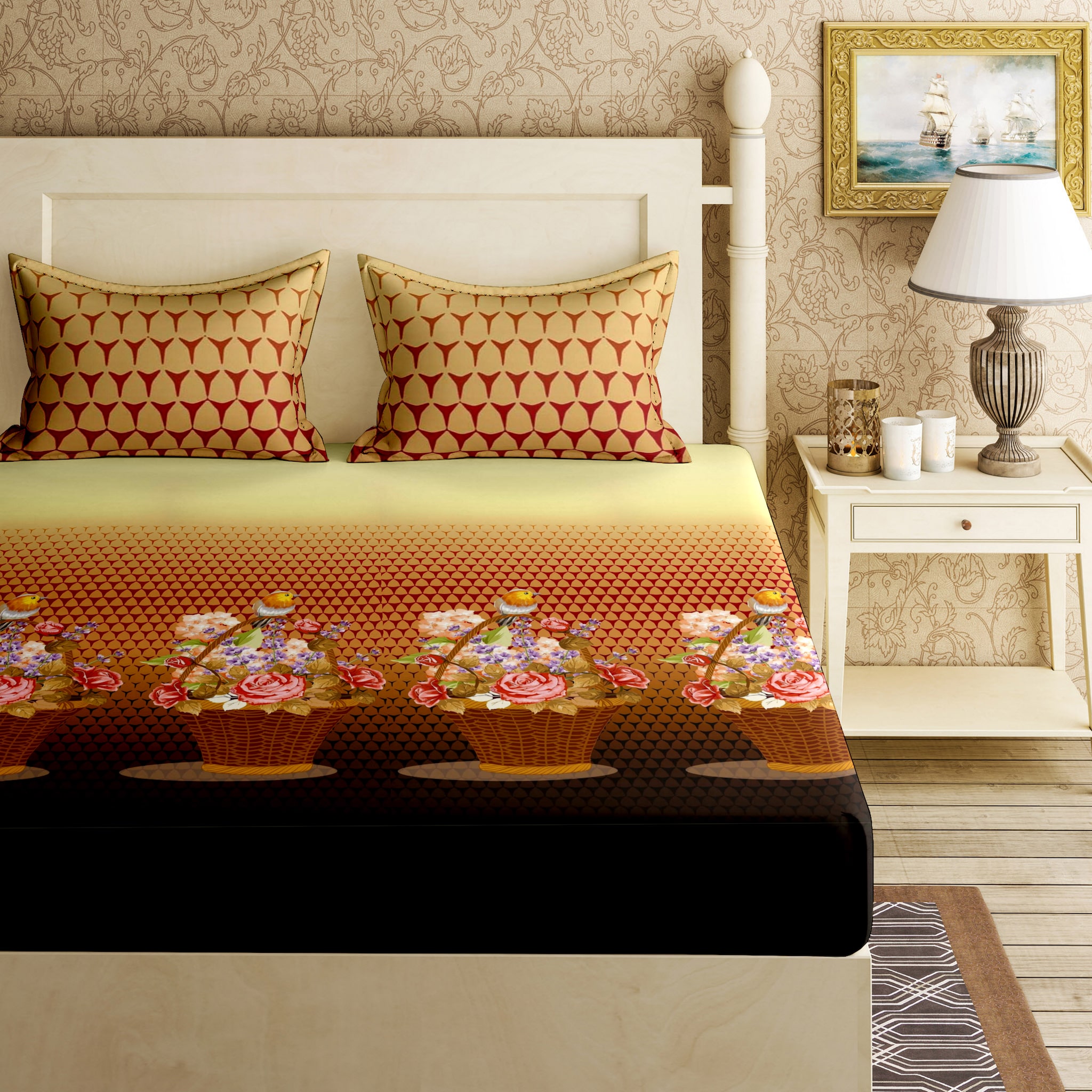 

Bella Casa Cotton Printed King Size Bedsheet 144 TC ( 1 Bedsheet With 2 Pillow Covers Brown )