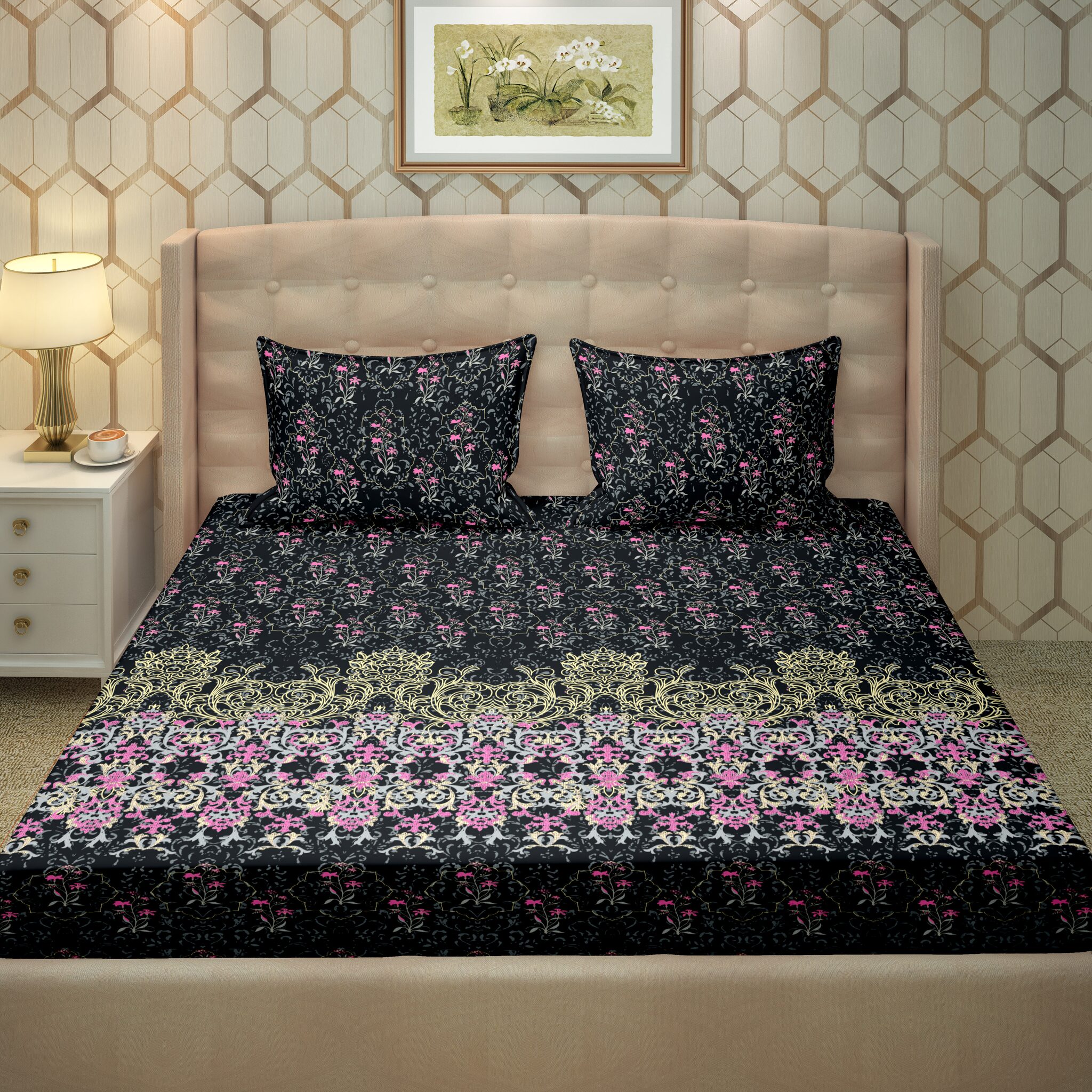 

Bella Casa Cotton Printed King Size Bedsheet 250 TC ( 1 Bedsheet With 2 Pillow Covers Black )