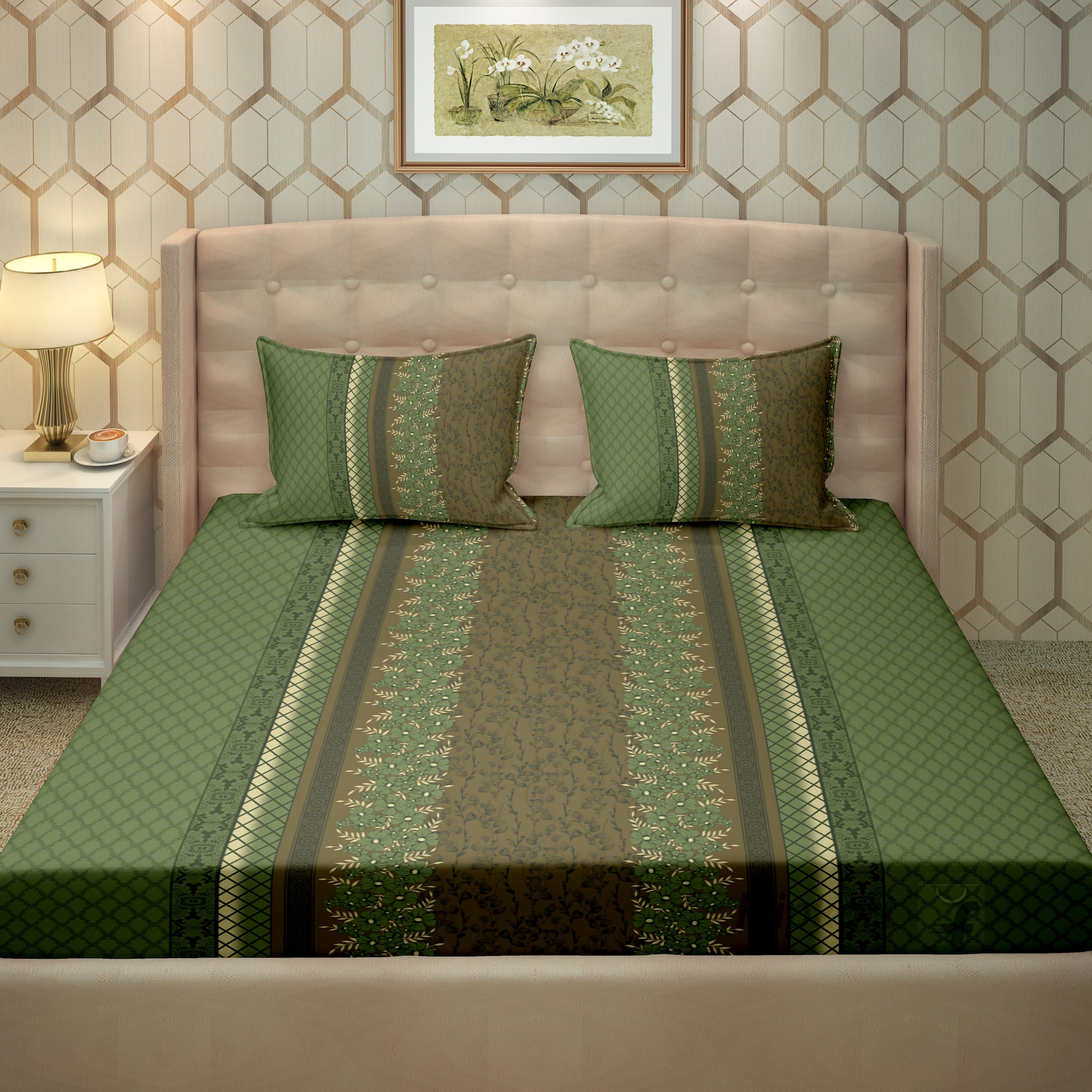 

Bella Casa Cotton Printed King Size Bedsheet 250 TC ( 1 Bedsheet With 2 Pillow Covers Green )