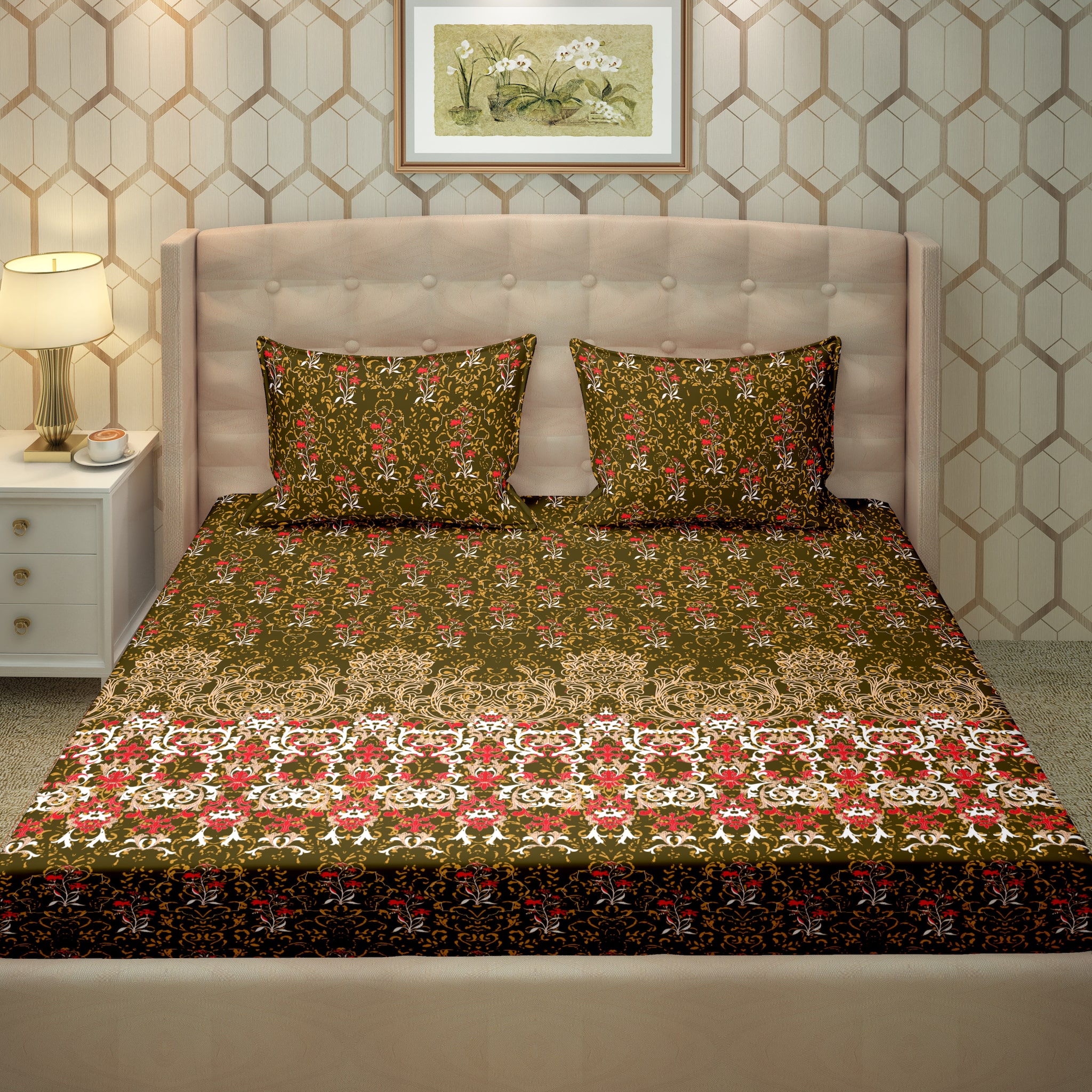 

Bella Casa Cotton Printed King Size Bedsheet 250 TC ( 1 Bedsheet With 2 Pillow Covers Green )