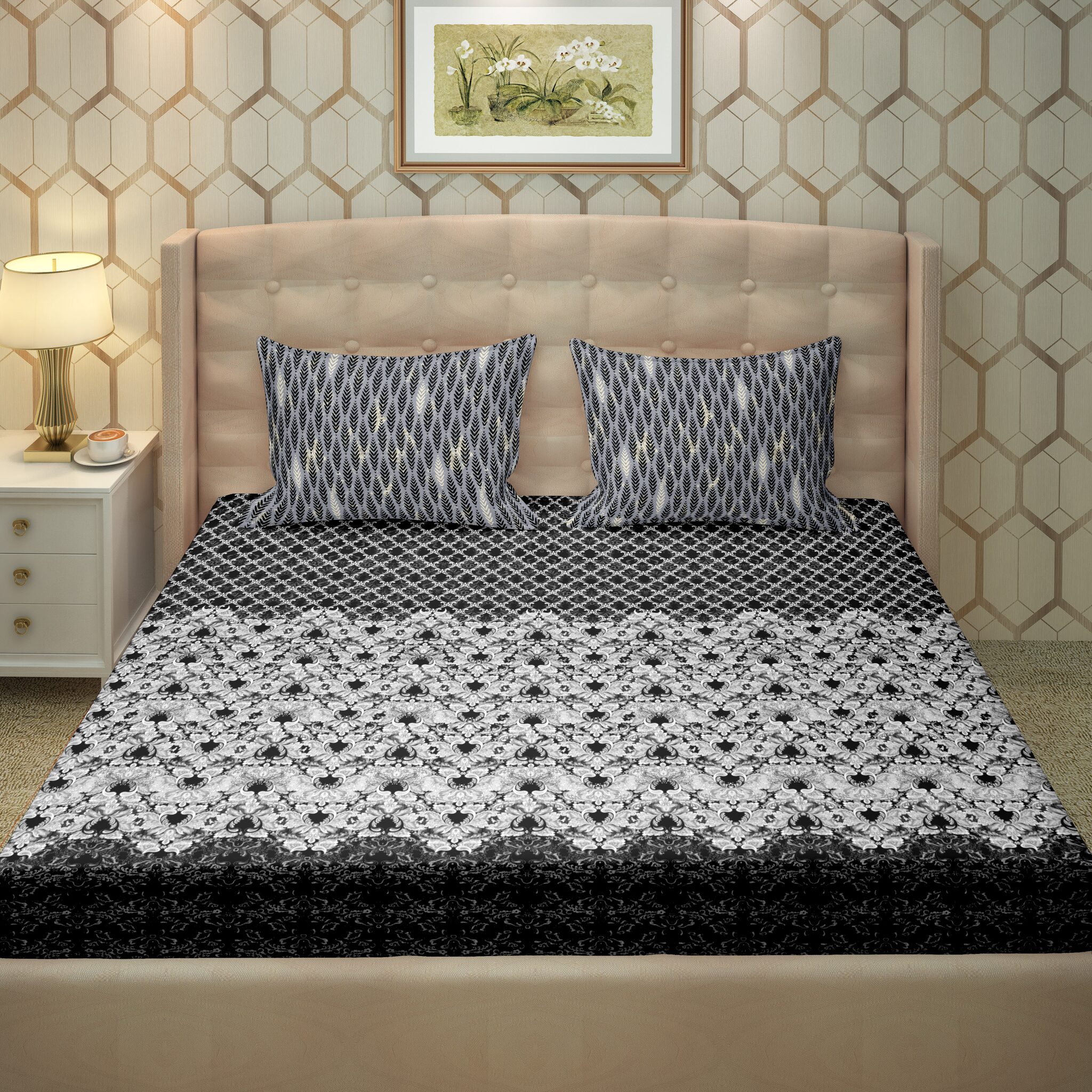 

Bella Casa Cotton Printed King Size Bedsheet 250 TC ( 1 Bedsheet With 2 Pillow Covers Grey )