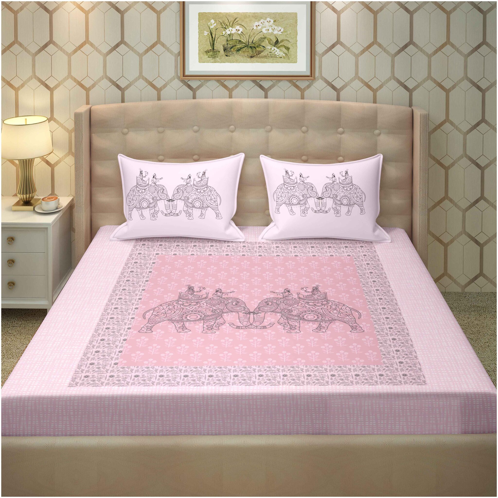 

Bella Casa Cotton Motifs King Size Bedsheet 250 TC ( 1 Bedsheet With 2 Pillow Covers Pink )