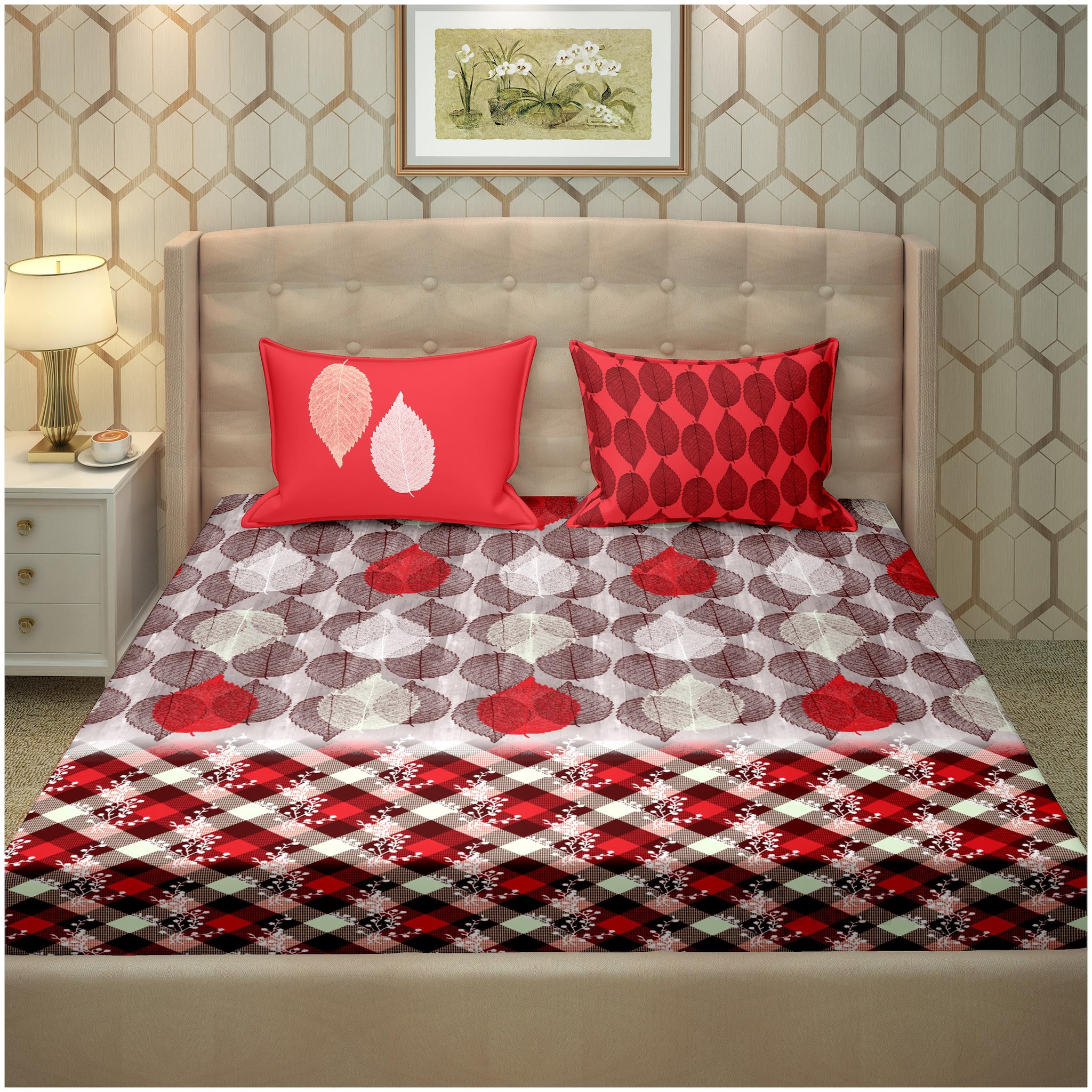 

Bella Casa Cotton Abstract King Size Bedsheet 250 TC ( 1 Bedsheet With 2 Pillow Covers Red )