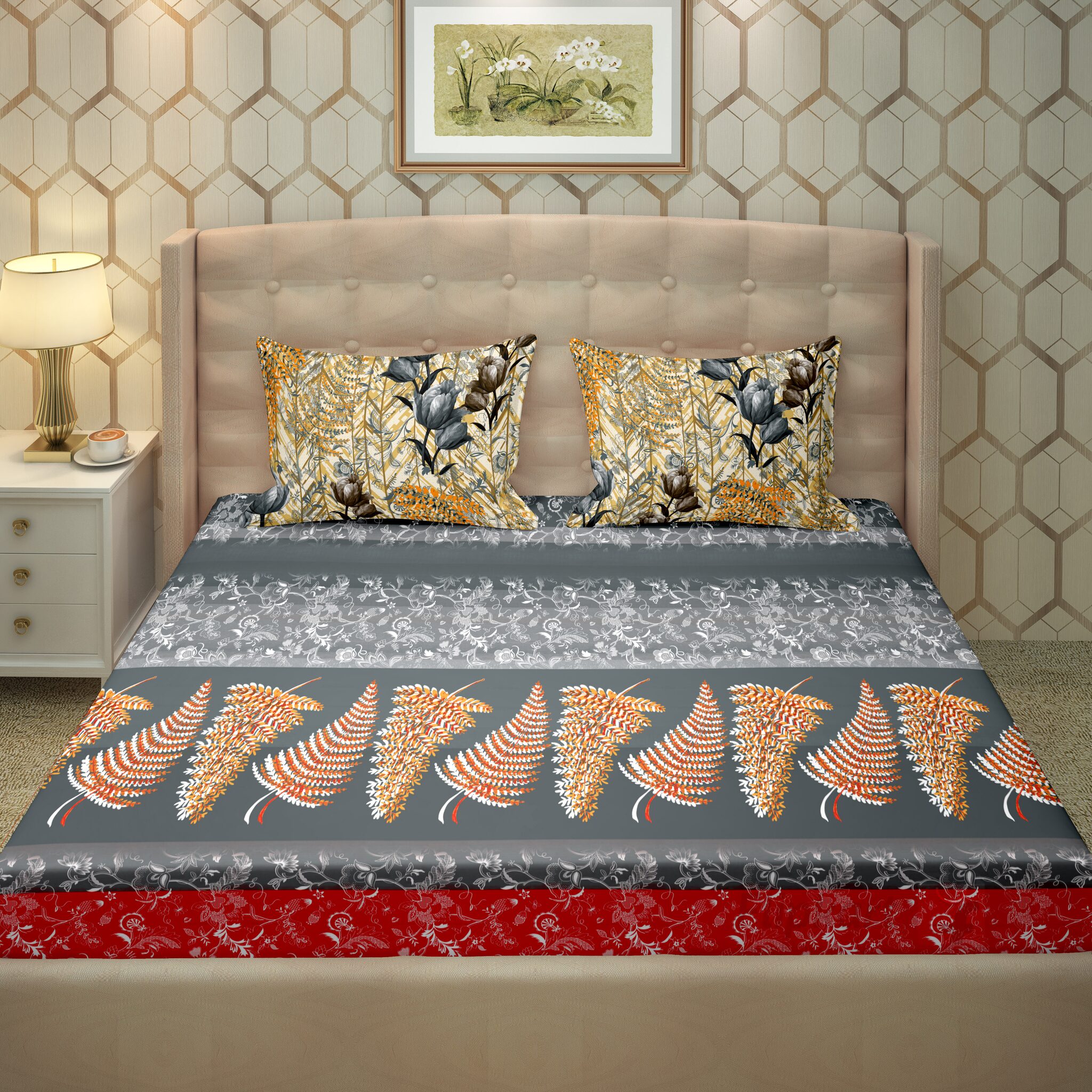 

Bella Casa Cotton Printed King Size Bedsheet 250 TC ( 1 Bedsheet With 2 Pillow Covers Grey )