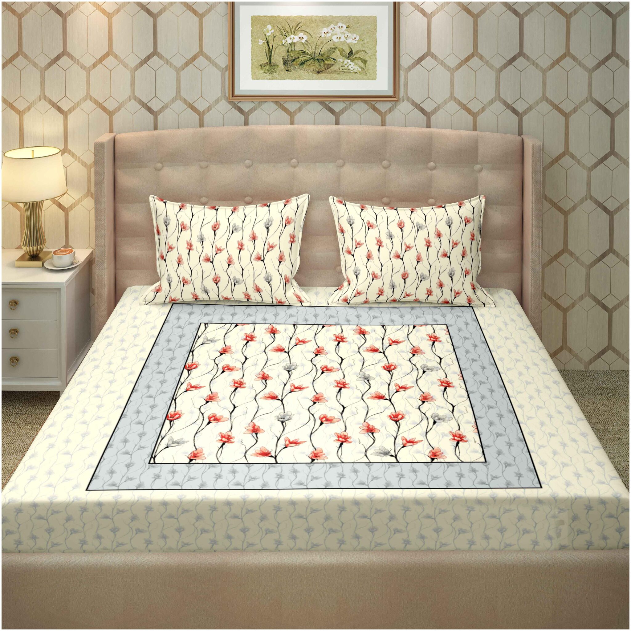 

Bella Casa Cotton Floral King Size Bedsheet 250 TC ( 1 Bedsheet With 2 Pillow Covers Cream )