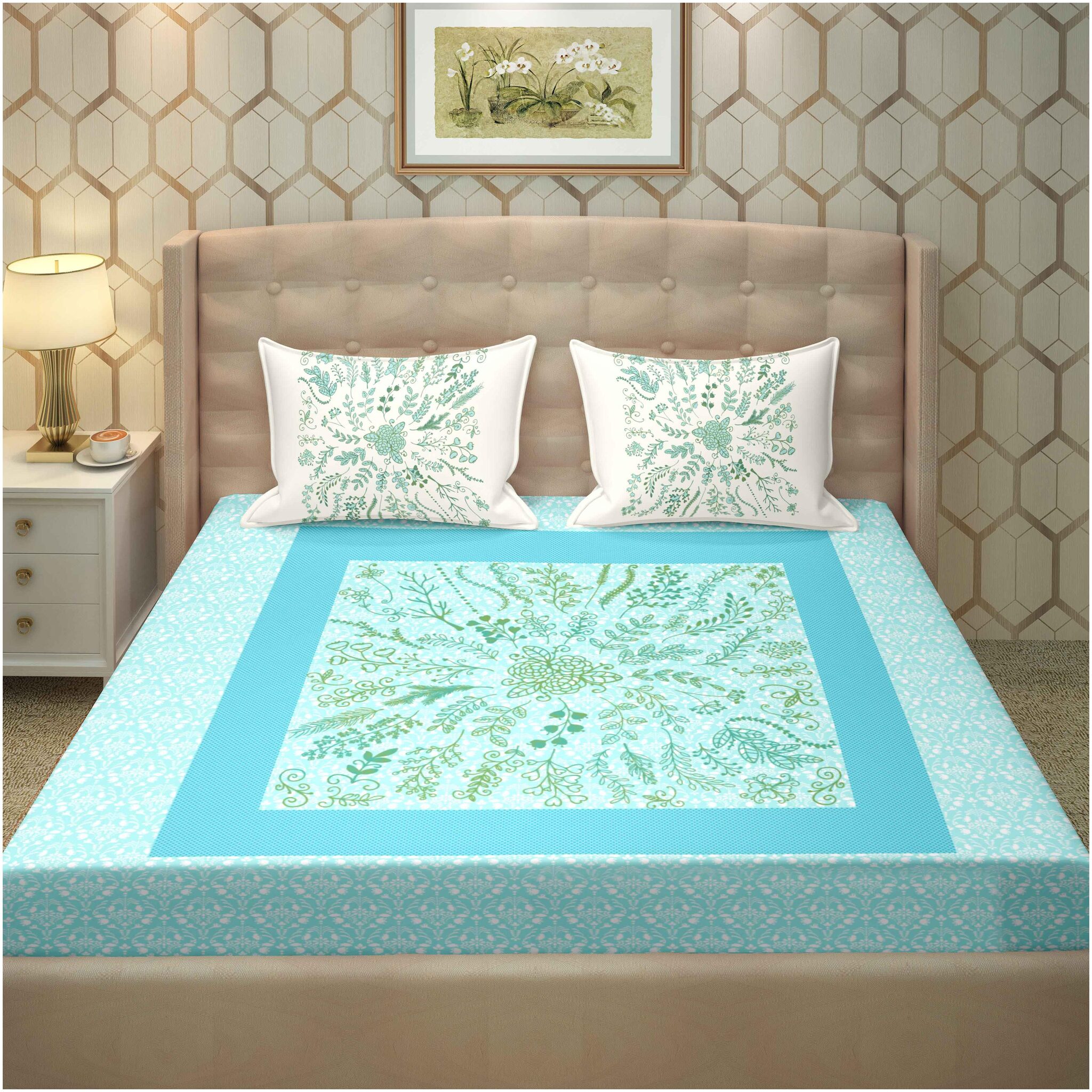 

Bella Casa Cotton Floral King Size Bedsheet 250 TC ( 1 Bedsheet With 2 Pillow Covers Blue )