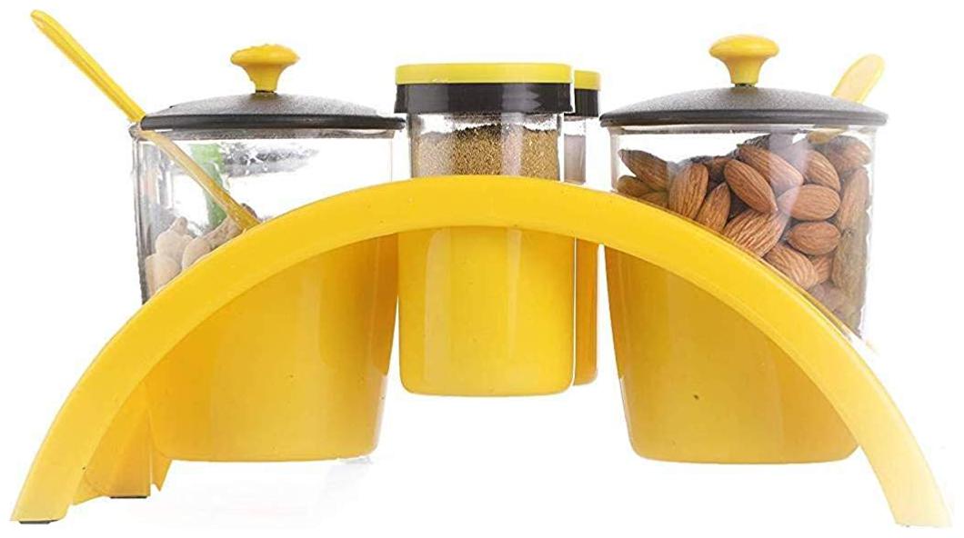 

Benison India Pickles masala namkeens Plastic Spice and Pickle Jar Rack 4 pcs 4 Condiment Set Container Set with Stand