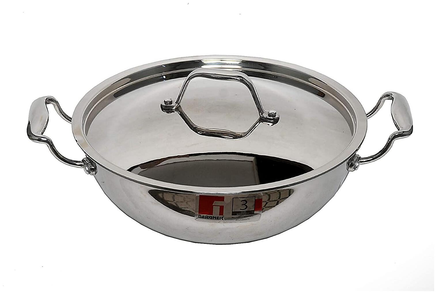 

Bergner Argent Triply Stainless Steel Kadhai with Stainless Steel Lid 24 cm 2 5 L Induction Base Silver