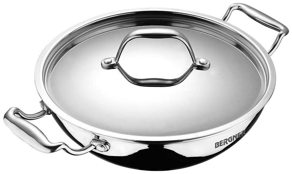 

BERGNER - BG-6348 Argent Triply Stainless Steel Kadhai with Stainless Steel Lid 26 cm 3 5 L Induction Base Silver